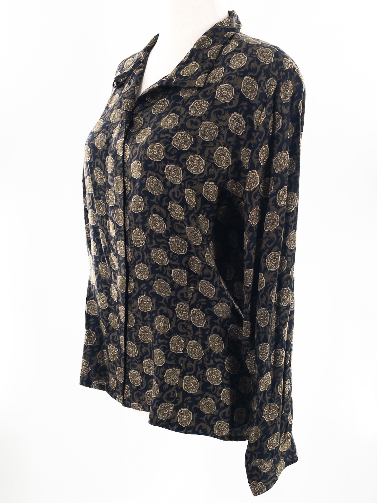 Evan Picone Navy Green Print Rayon Long Sleeve Size 16 Blouse