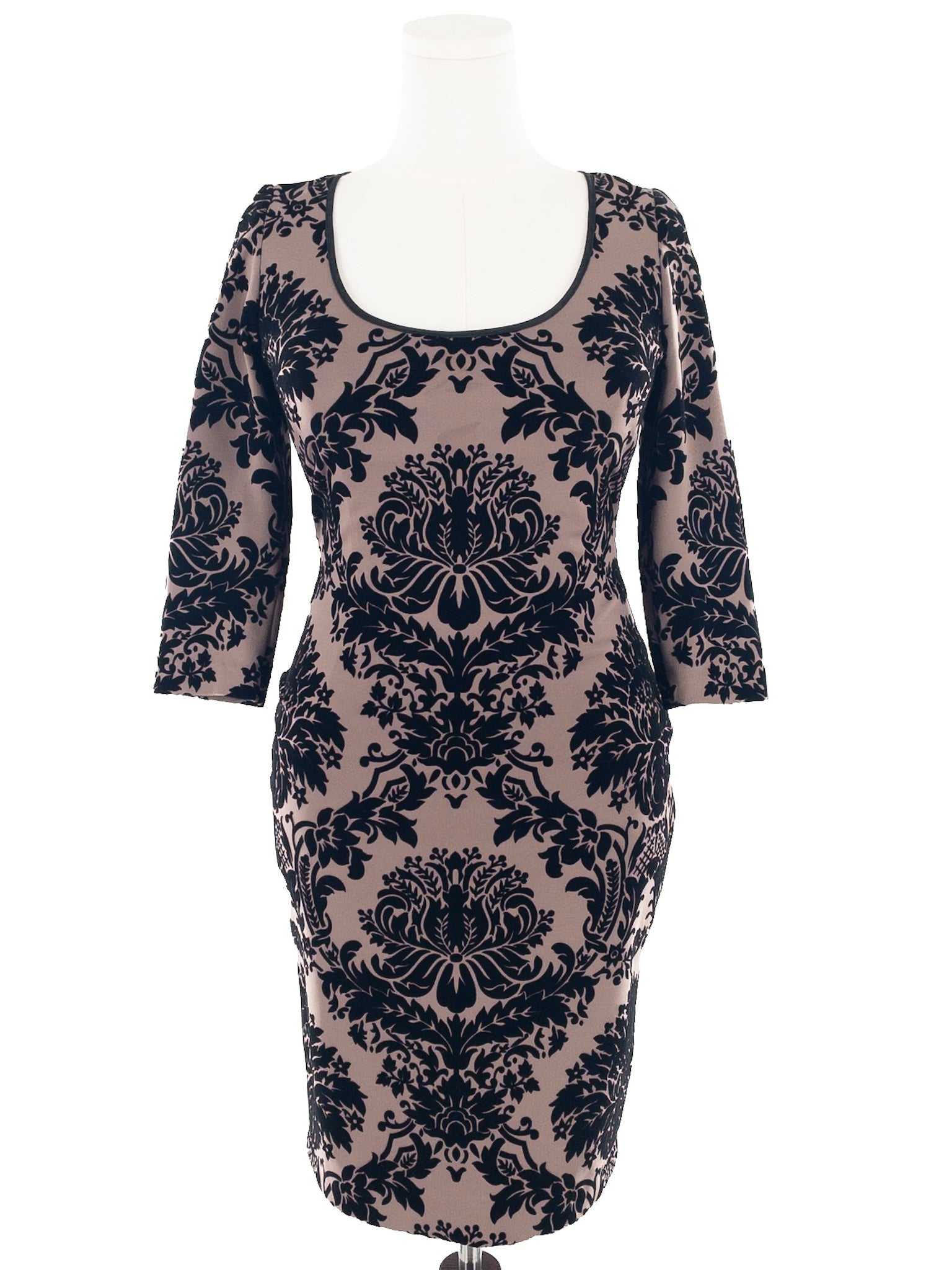 Aidan Mattox Beige Black Embossed Polyester Blend 3/4 Sleeve Size 2 Dress