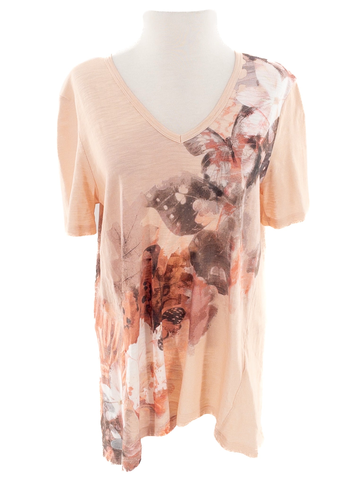 Chicos Peach Floral Cotton Blend Short Sleeve Size M T Shirt