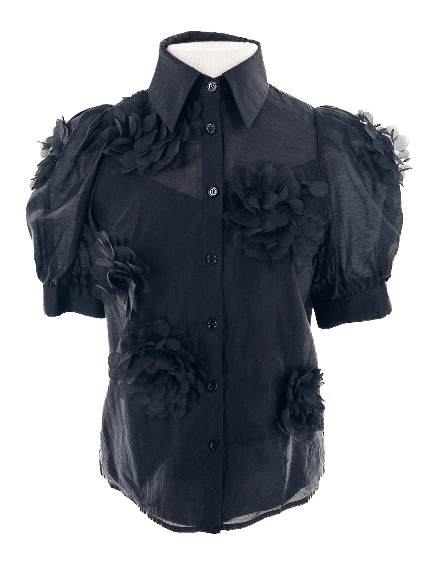 Jessie Liu Black Applique Tencel Short Sleeve Size XS Blouse