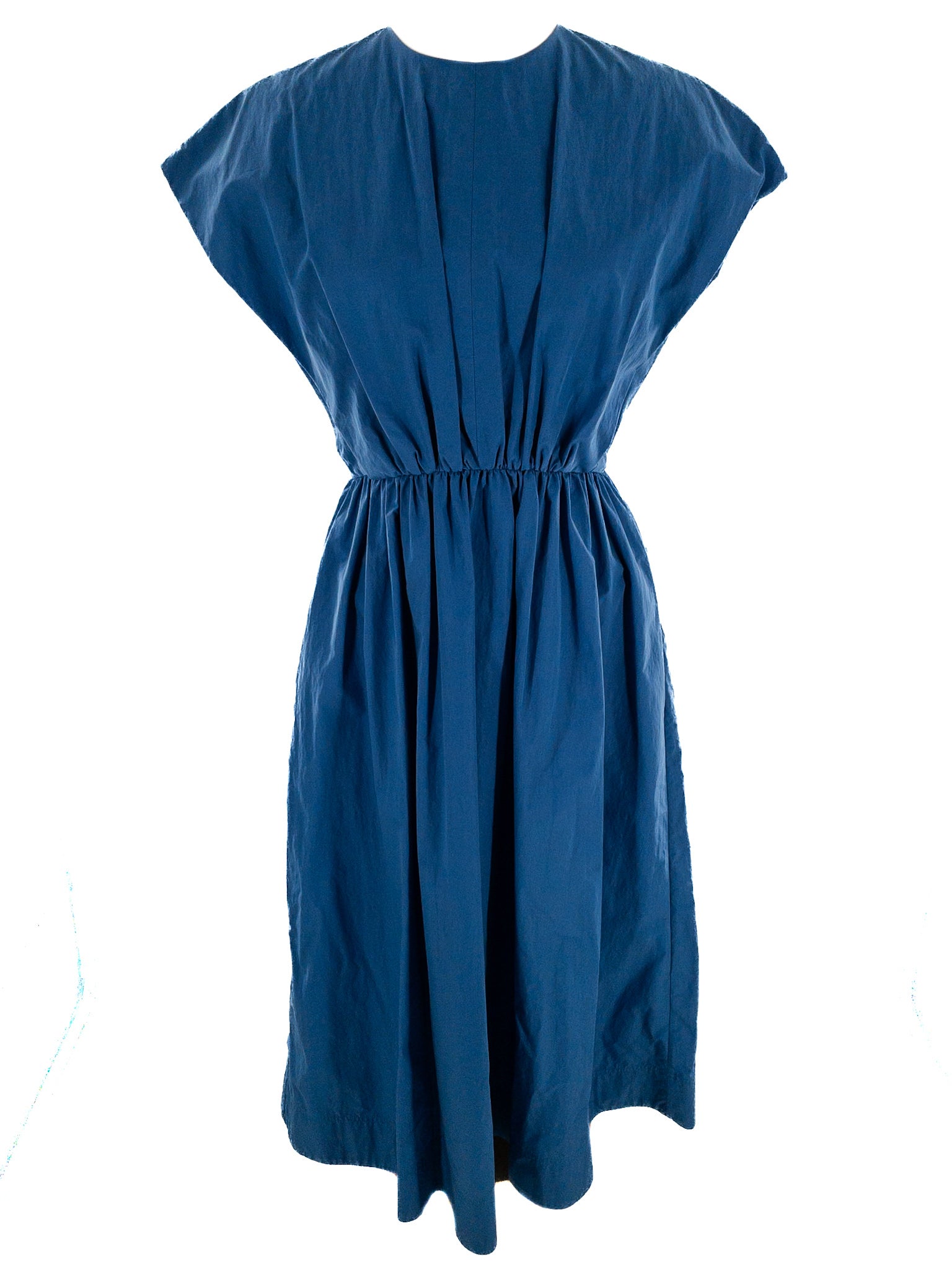 CO Blue Gathered Cotton Blend Cap Sleeve Size M Dress