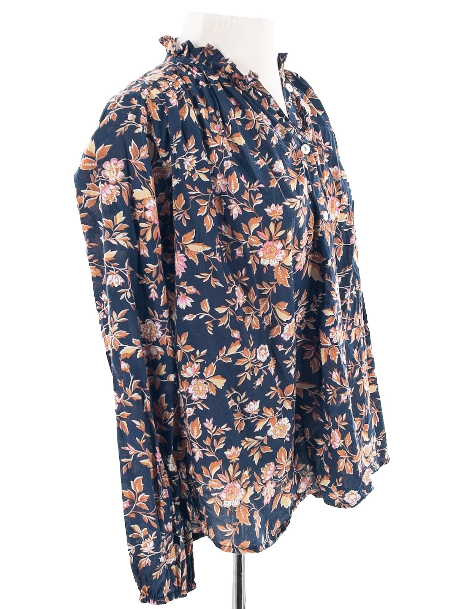 Mille Navy Tan Floral Cotton Puff Sleeve Size S Blouse