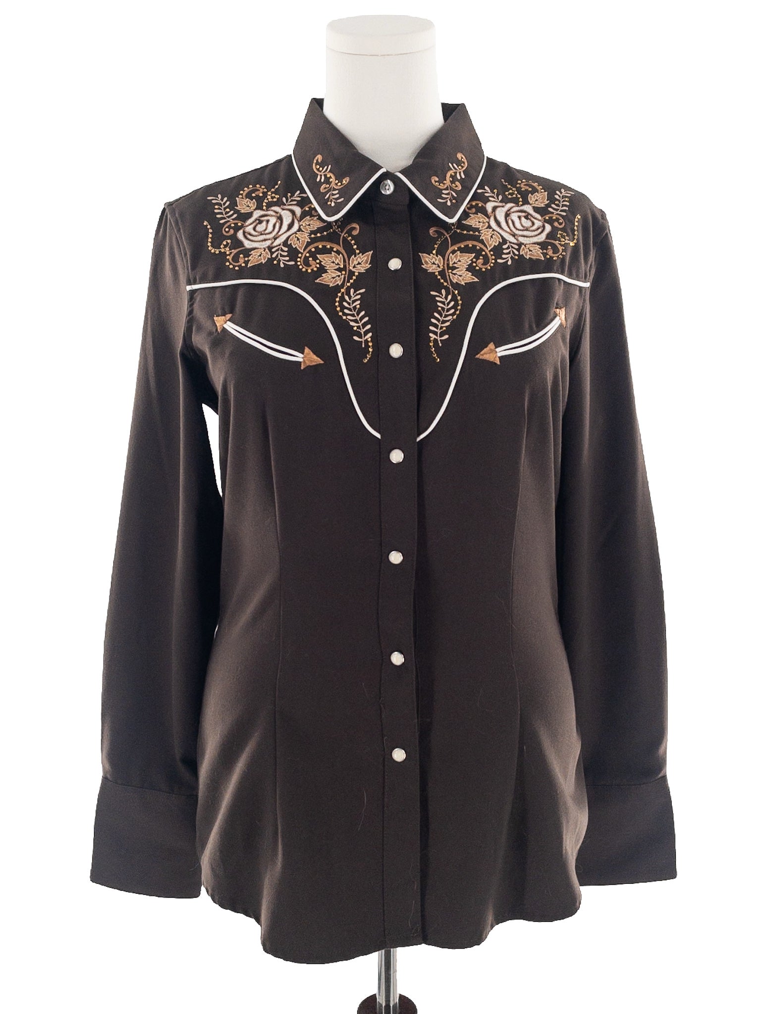 Panhandle Slim Brown Embroidered Polyester Blend Long Sleeve Size L Blouse