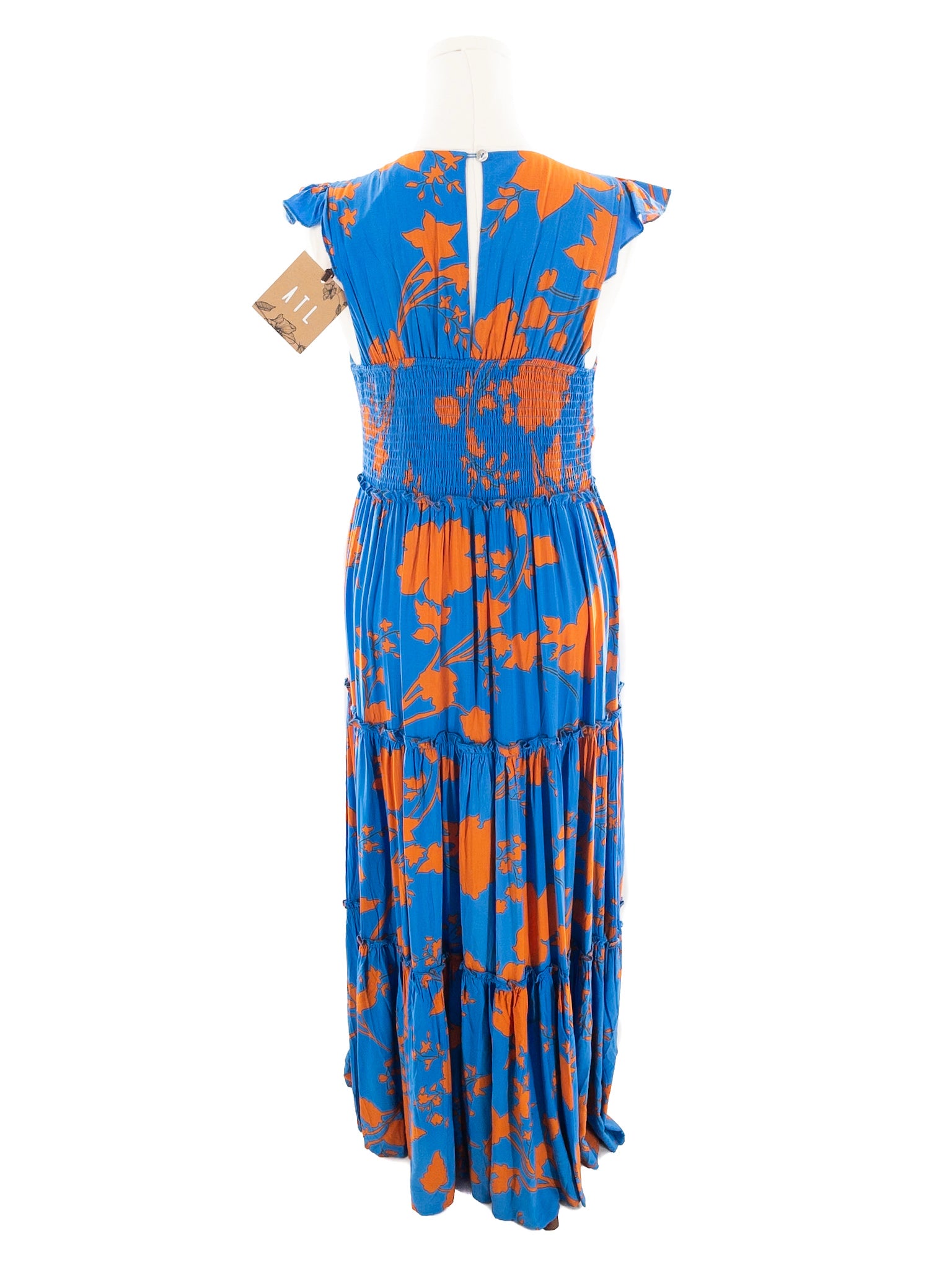 Able the Label Blue Orange Floral Rayon Cap Sleeve Size L Maxi