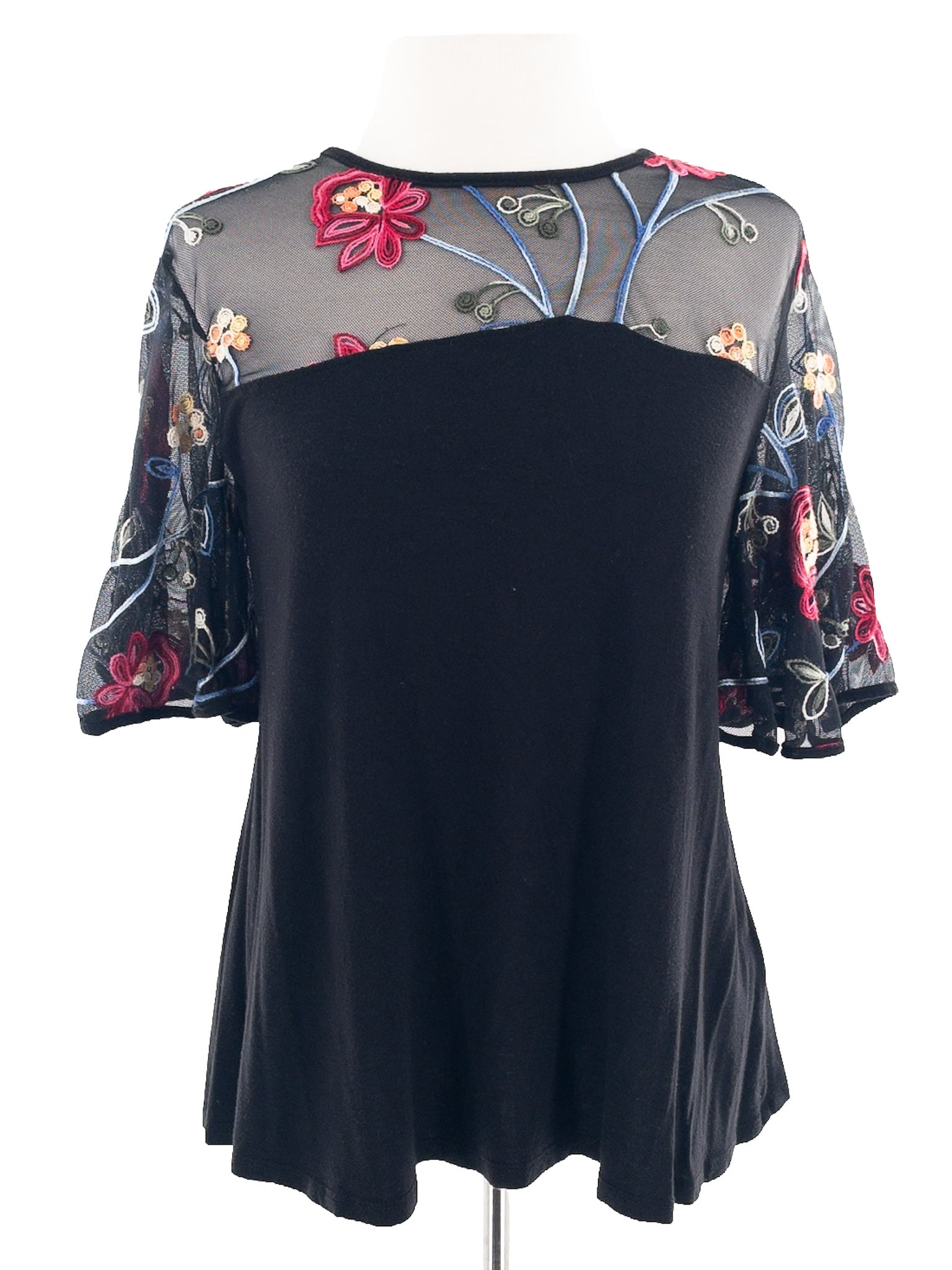 Kim & Cami Black Multi Embellished Short Sleeve Size S T Shirt