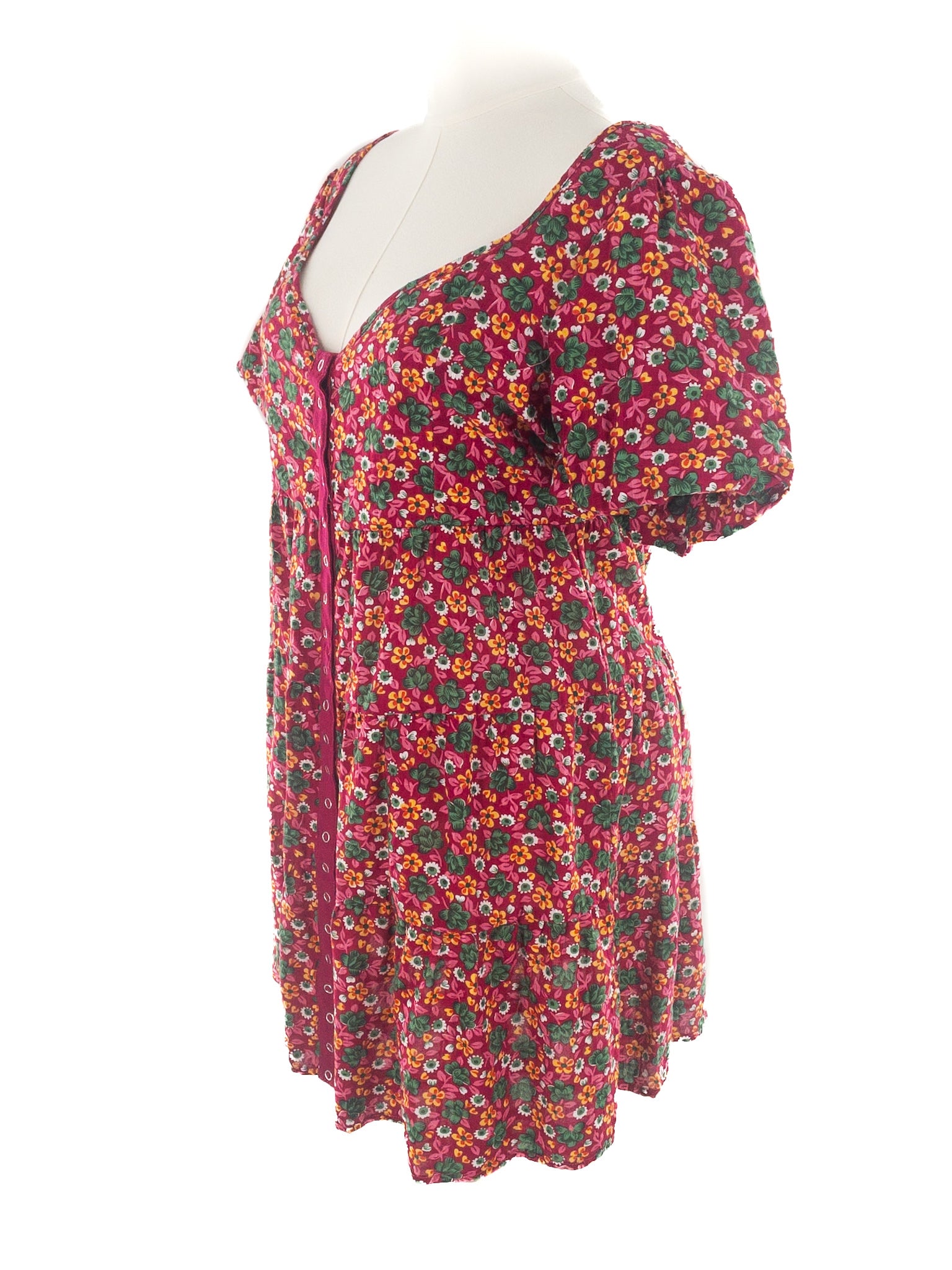 Betsey Johnson Fuschia Green Floral Cotton Blend Puff Sleeve Size XL Dress