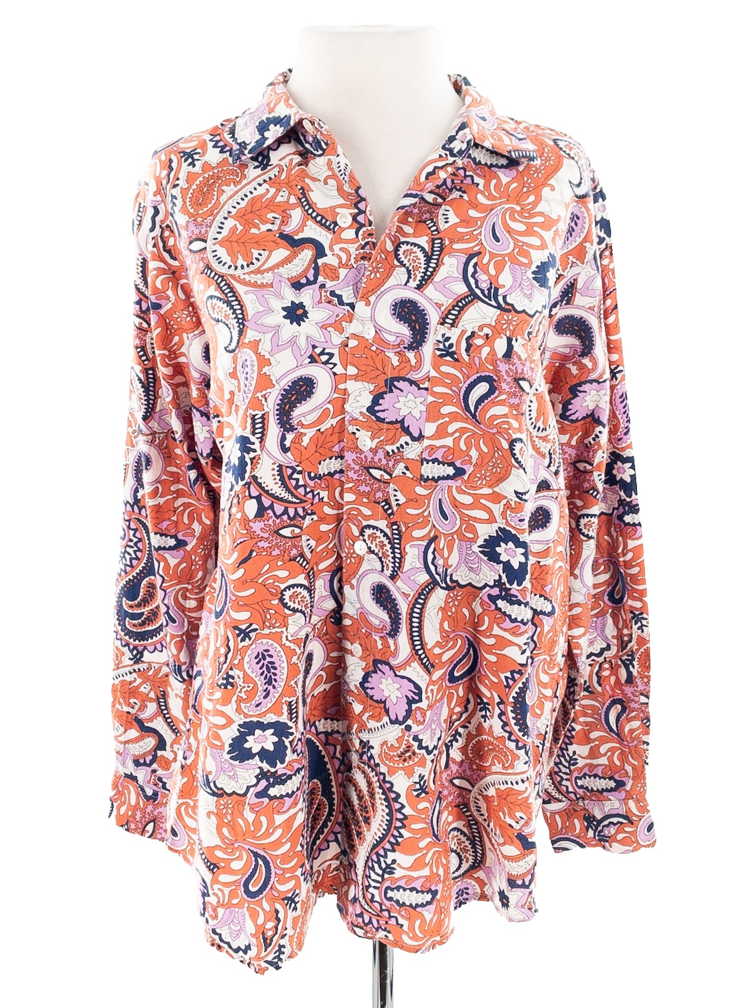 Mille Orange Navy Paisley Cotton Blend Long Sleeve Size S Blouse