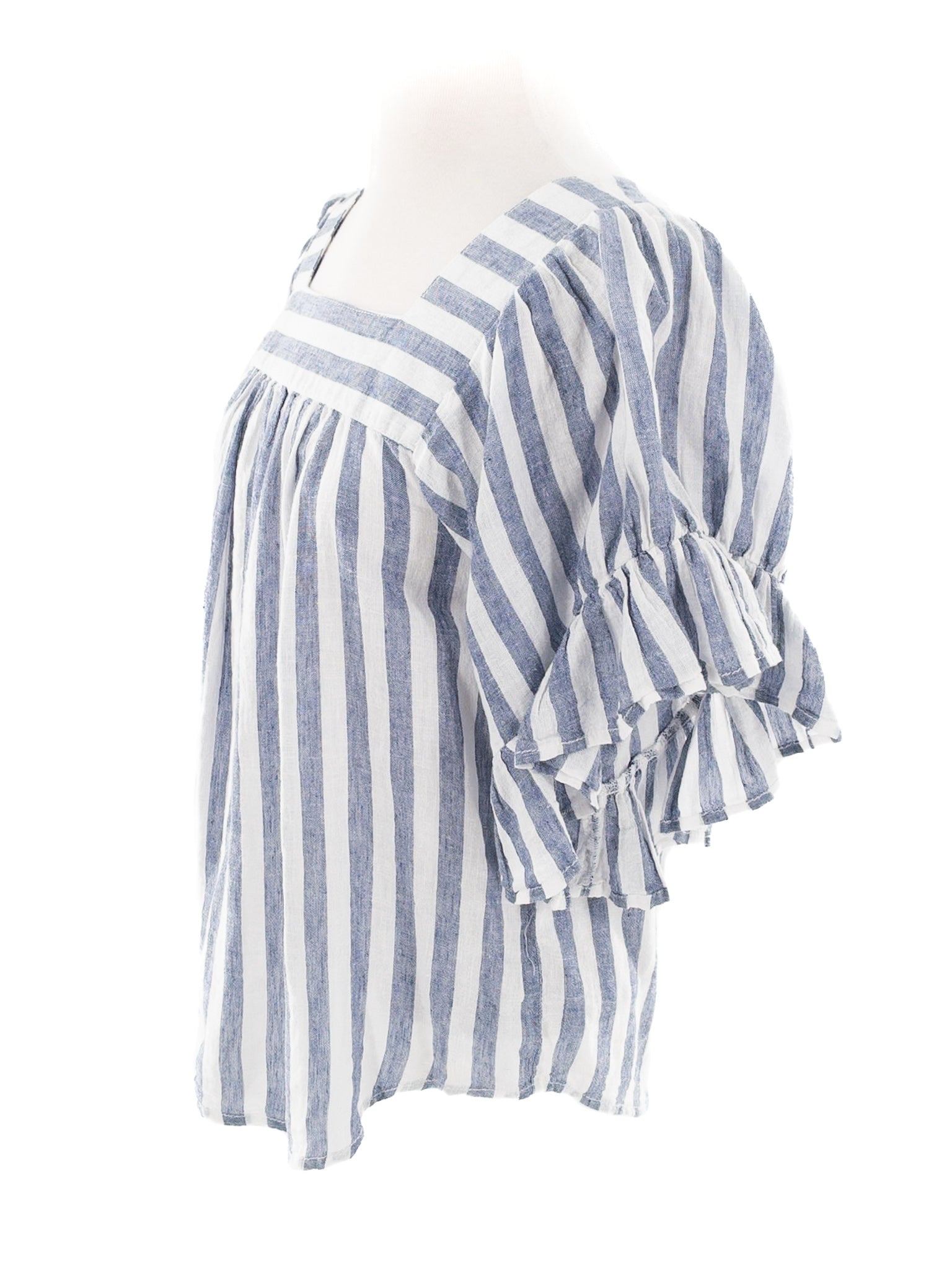 Beach Lunch Lounge Blue White Stripe Linen Blend Bell Sleeve Size XS Blouse