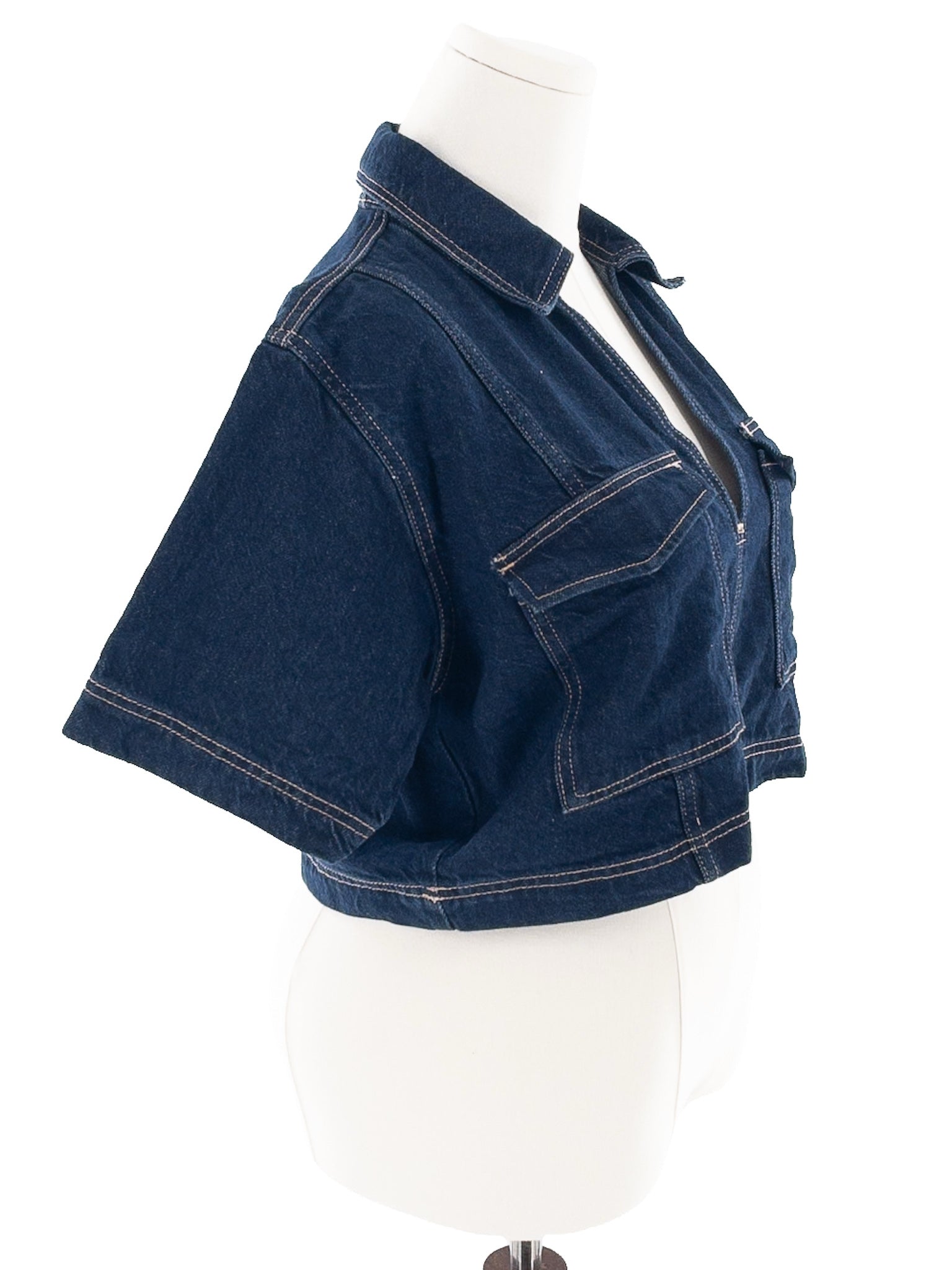 Zara Navy Stitch Denim Short Sleeve Size L Blouse