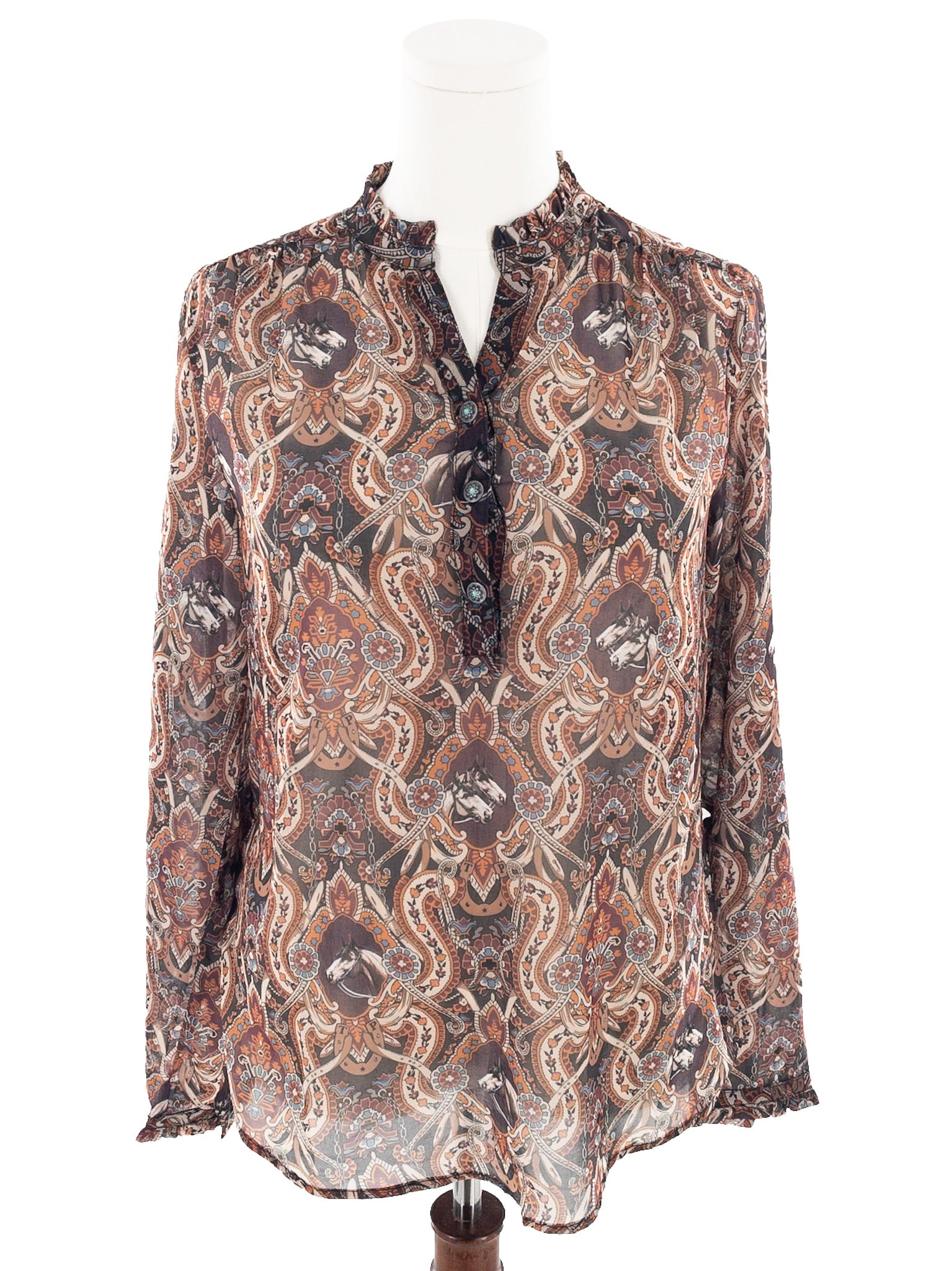 Tasha Pollizzi Brown Blue Print Polyester Long Sleeve Size M Blouse