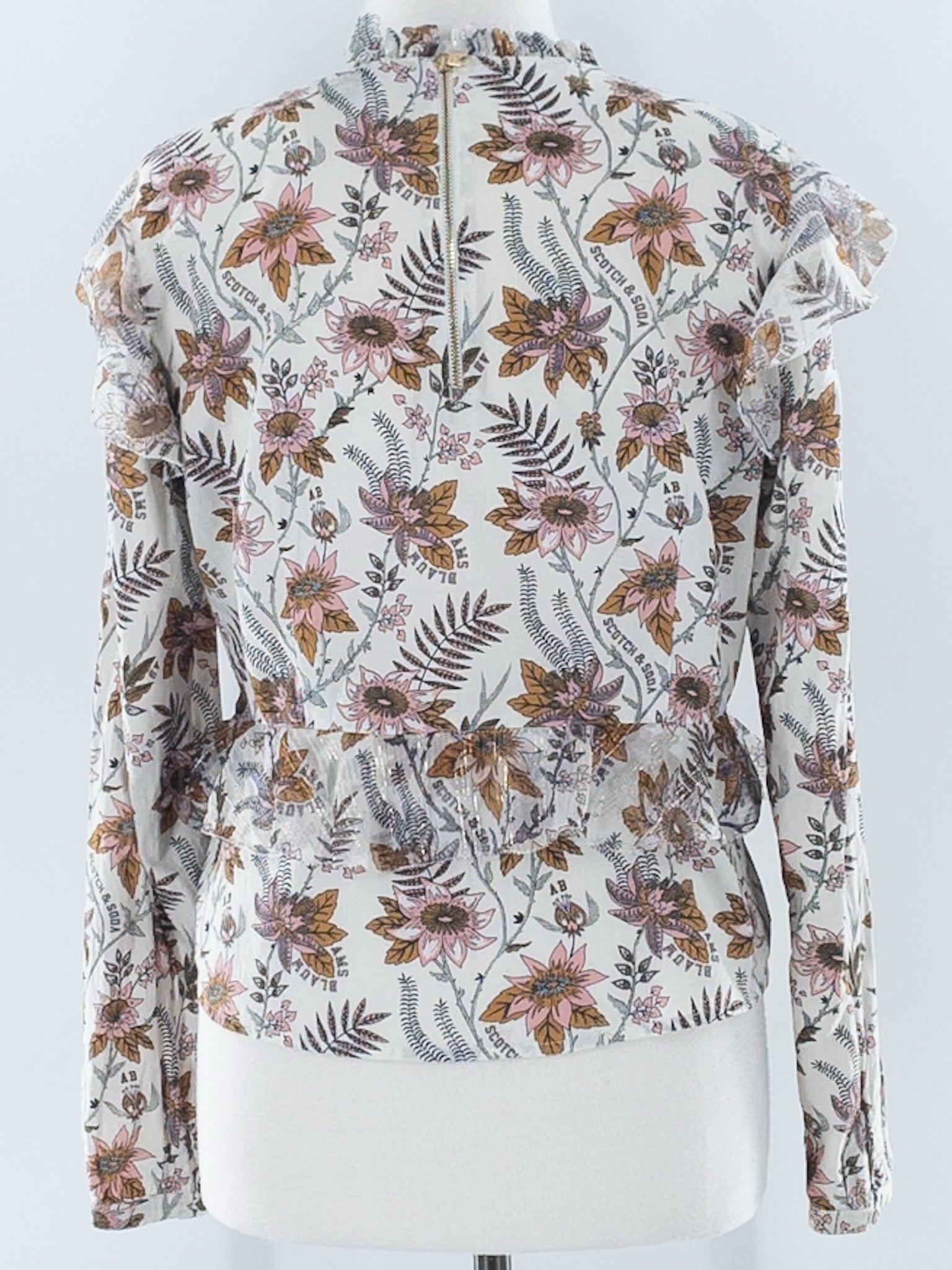Scotch & Soda Ivory Multi Floral Cotton Ruffle Size L Blouse