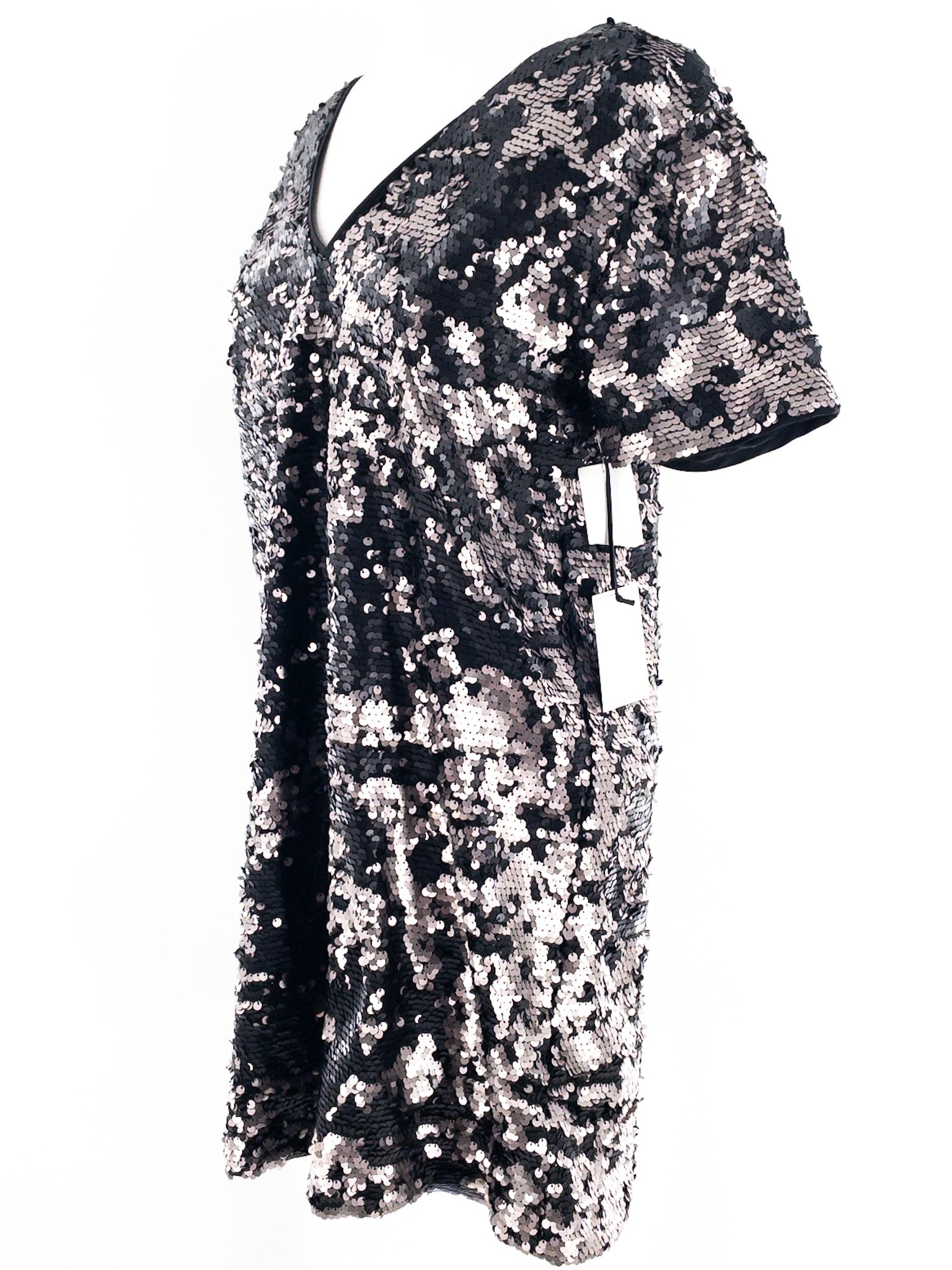 1 State Black Metallic Sequin Polyester Blend Short Sleeve Size S Dress