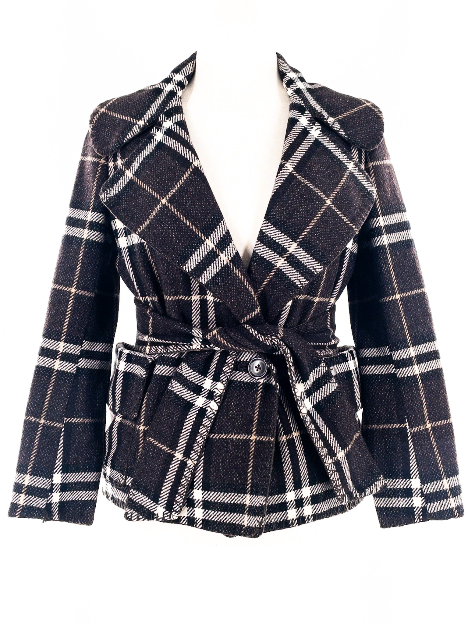 Burberry Black Brown Plaid Wool Size 4 Jacket