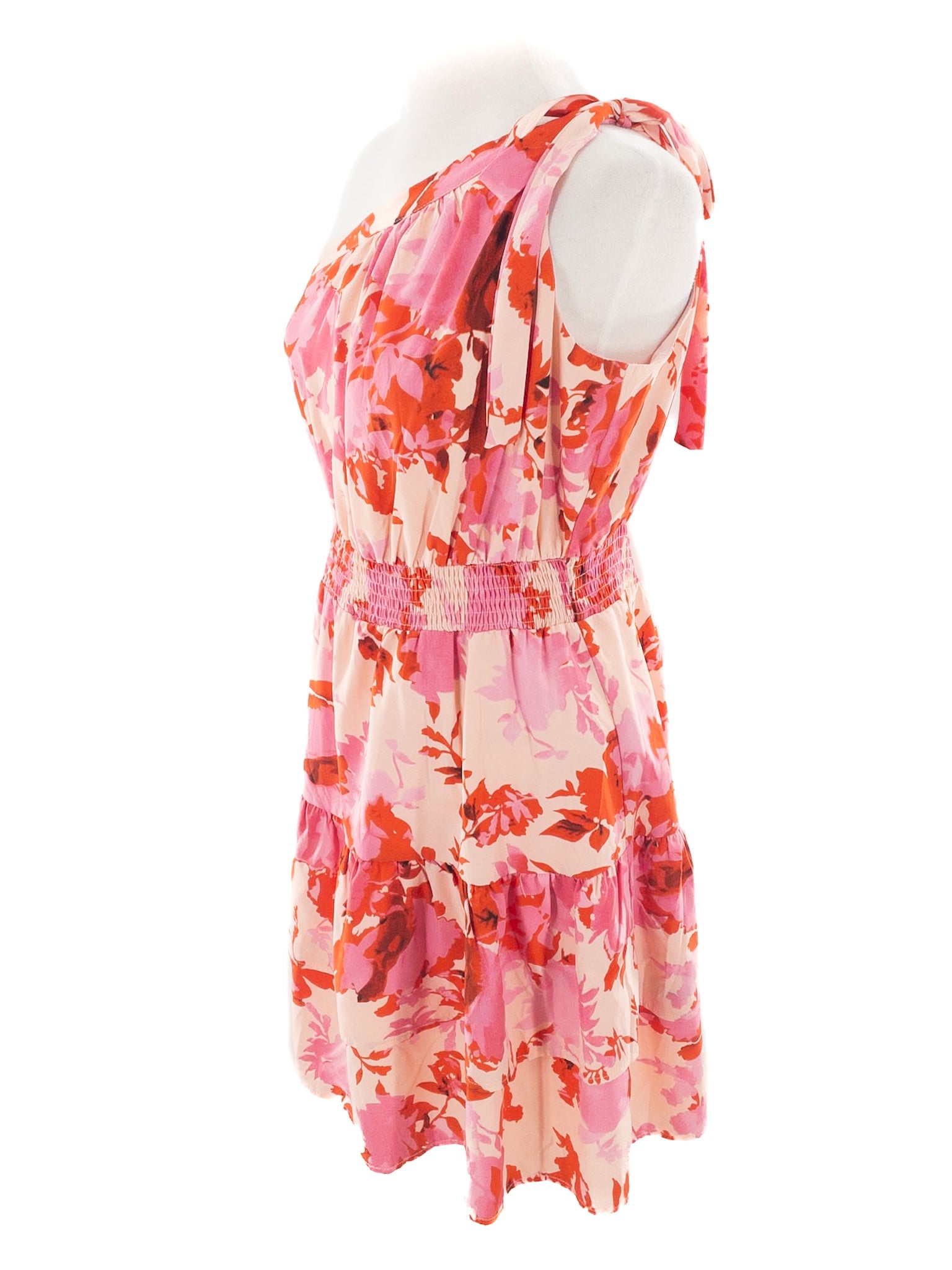 Pretty Garden Peach Pink Floral Polyester One Shoulder Size M Dress