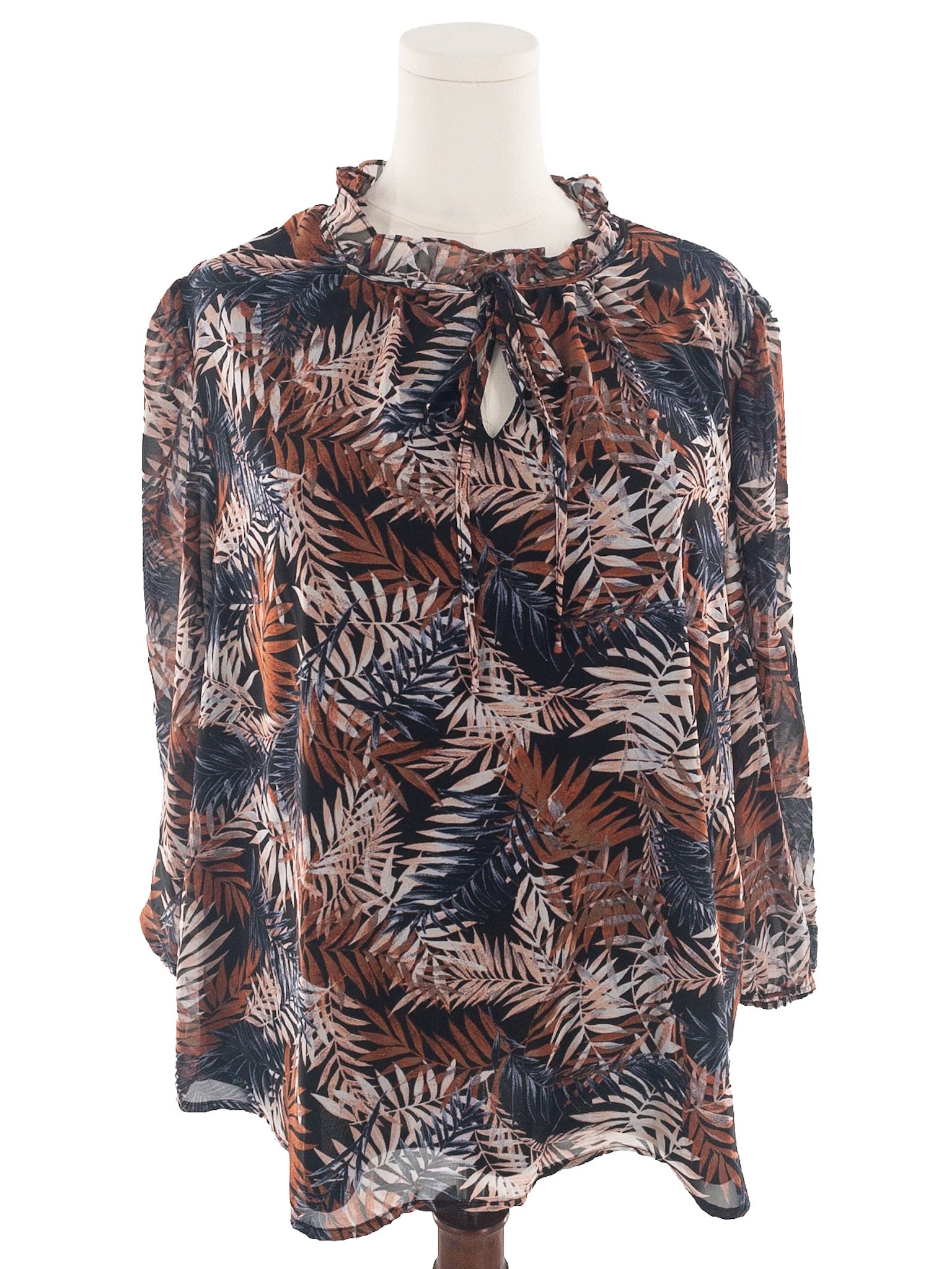 Bar III Navy Brown Print Polyester Long Sleeve Size XXL Blouse