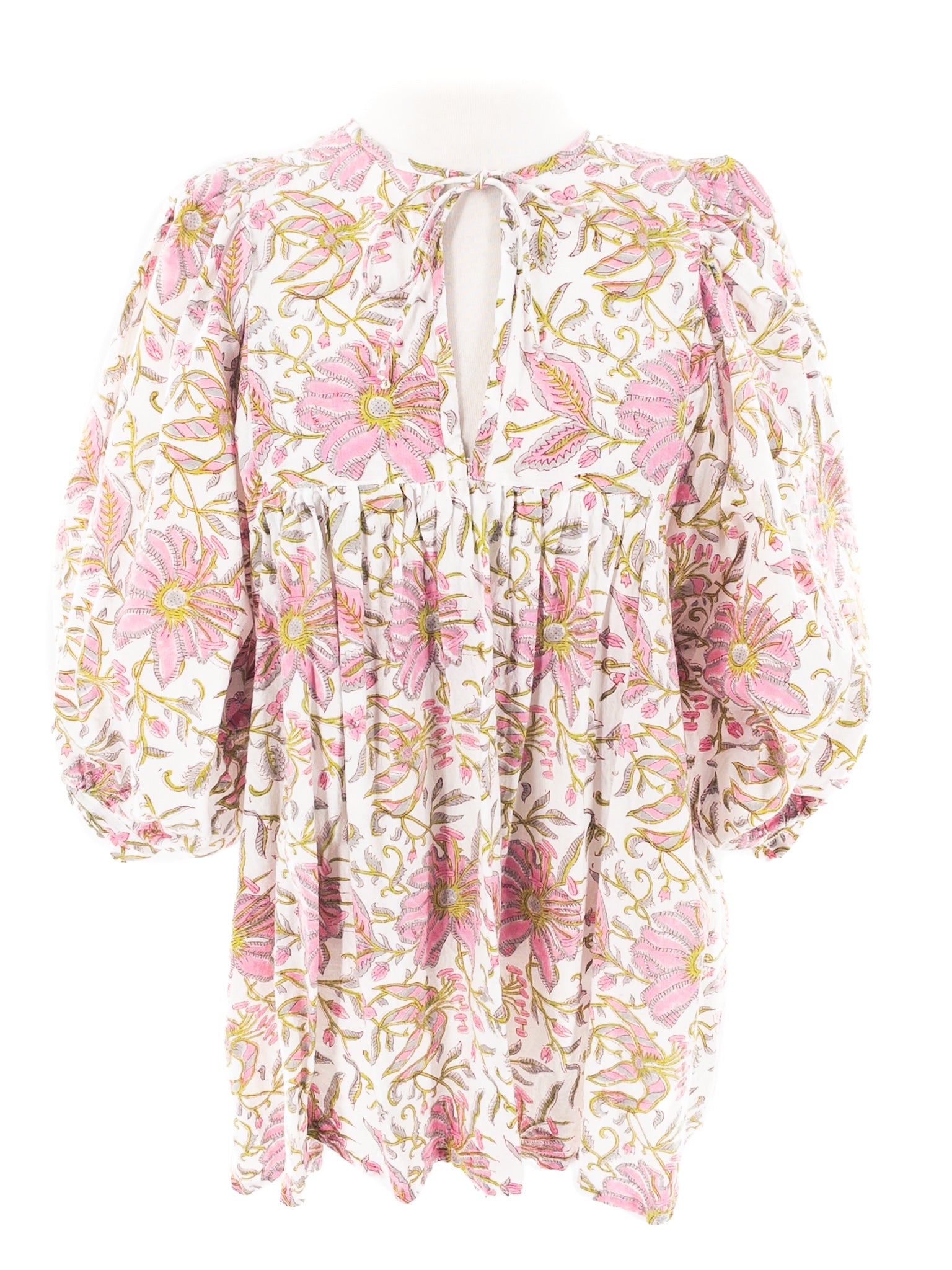 Mille Pink Cream Floral Cotton Puff Sleeve Size S Blouse