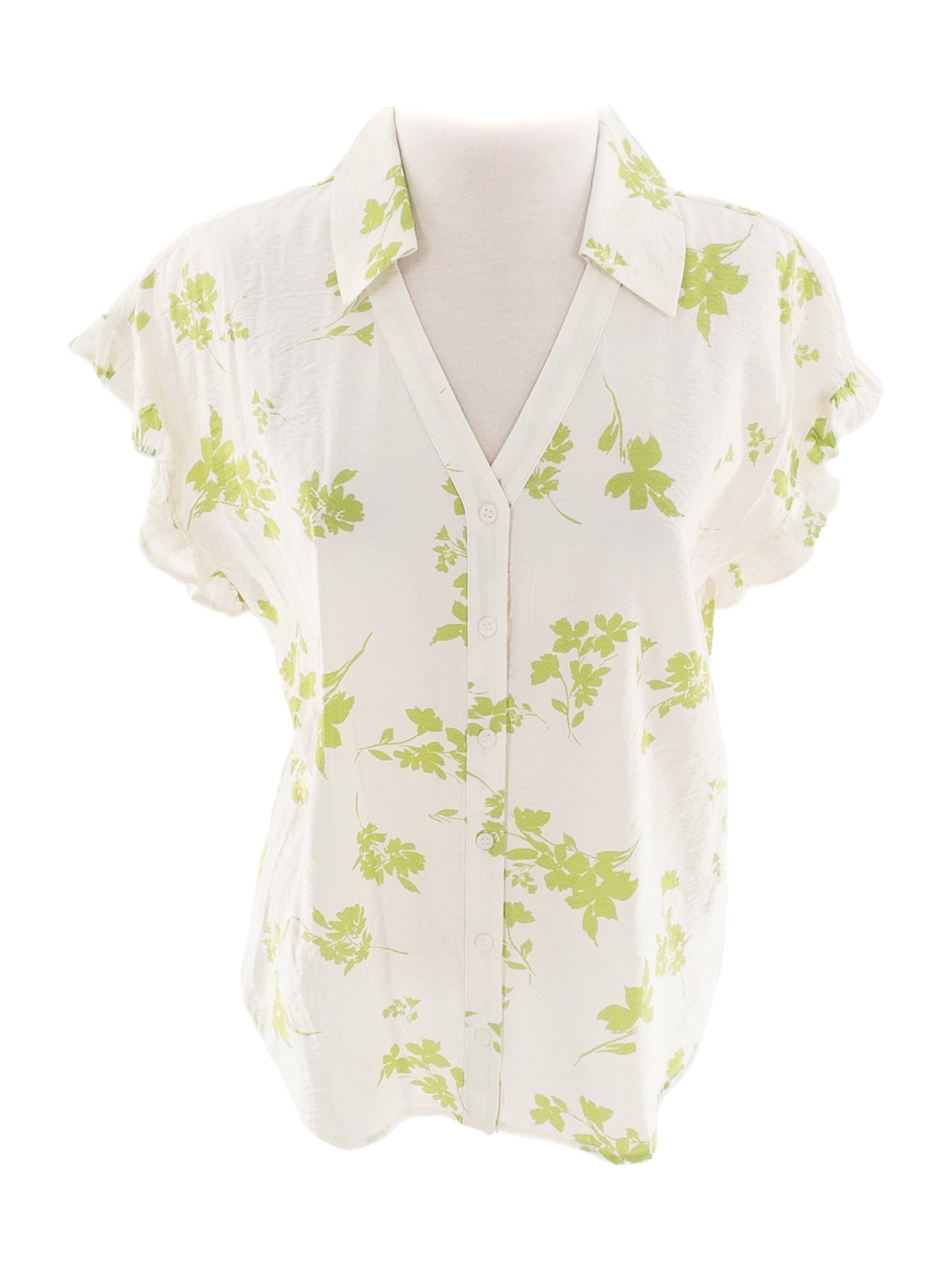 Pleione White Green Leaves Rayon Blend Short Sleeve Size S Blouse