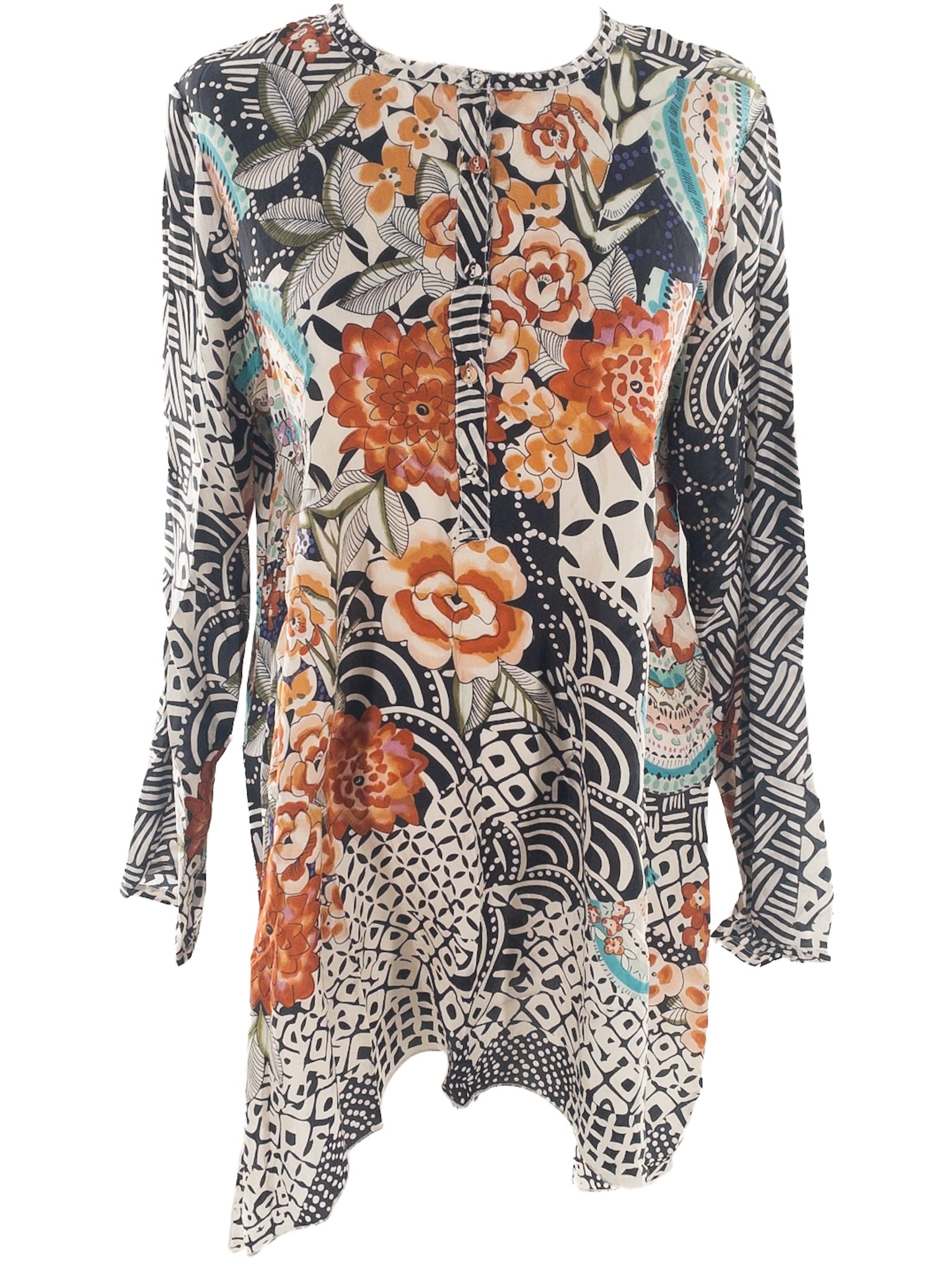 Johnny Was Black Multi Floral Silk Long Sleeve Size S Blouse