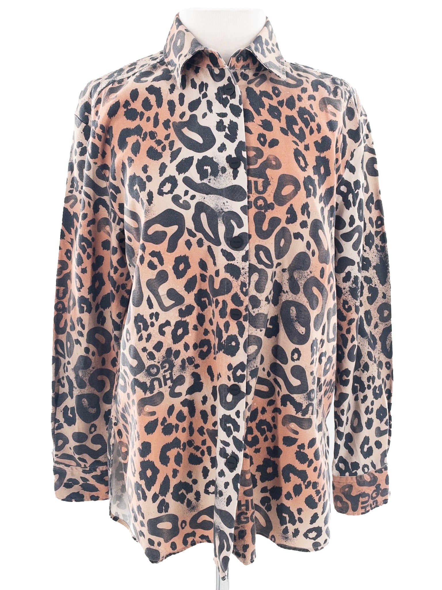 Hugo Black Tan Cheetah Print Cotton Blend Long Sleeve Size 4 Blouse