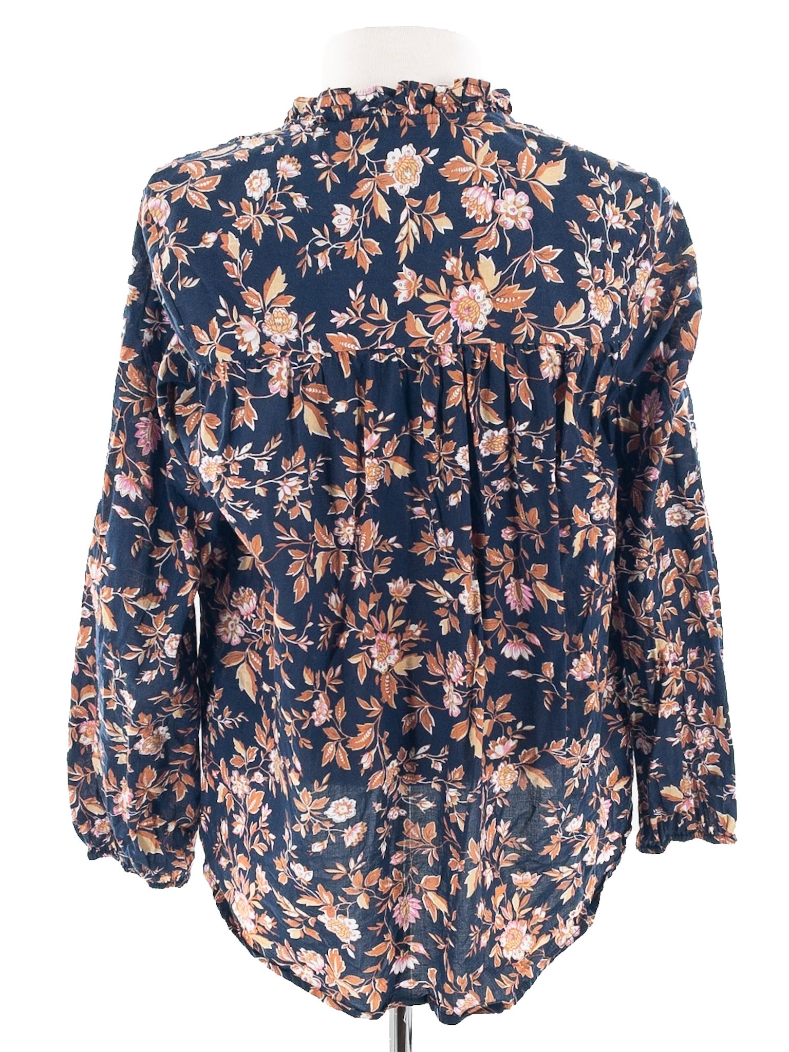 Mille Navy Tan Floral Cotton Puff Sleeve Size S Blouse