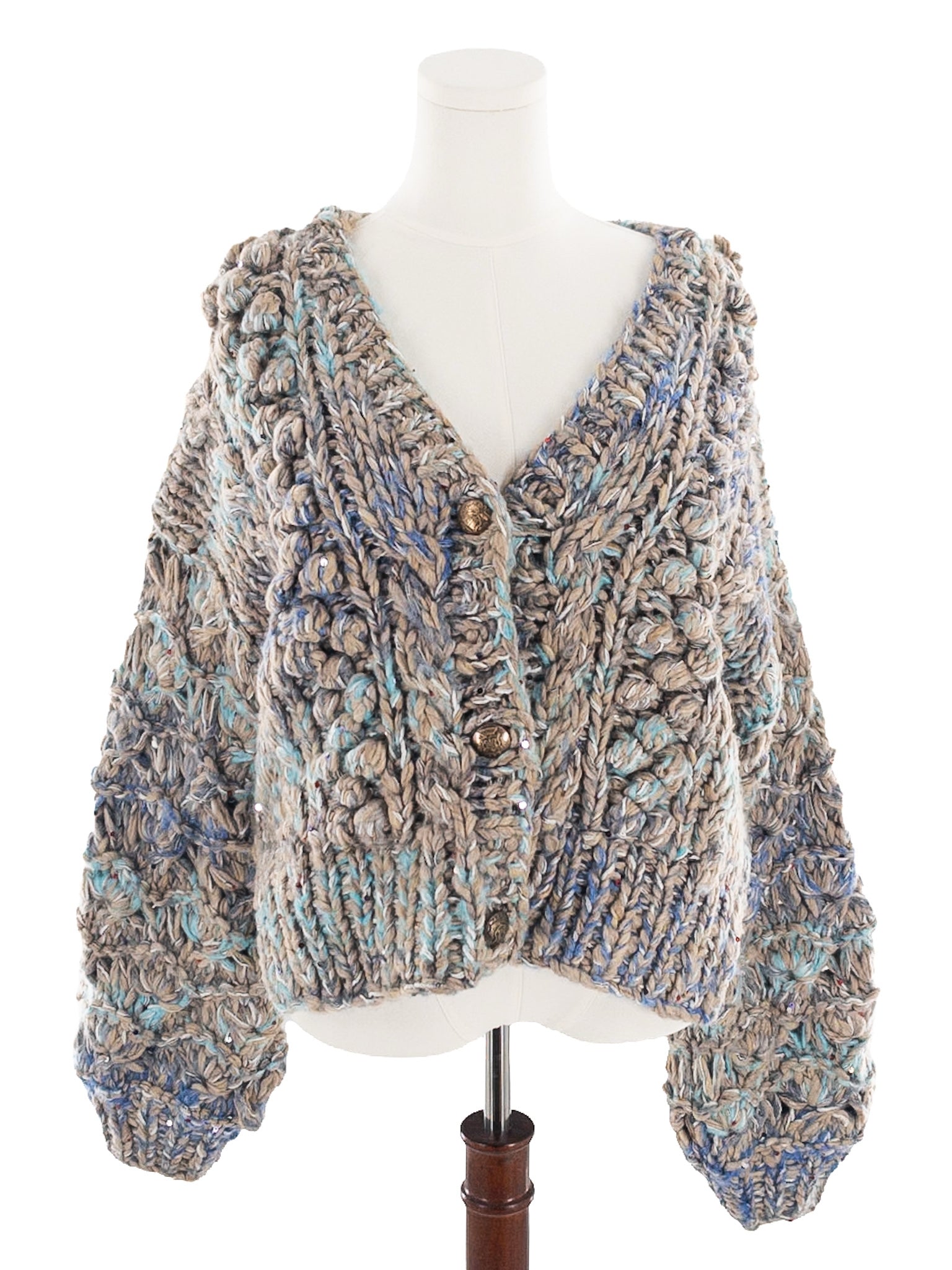 Mystree Tan Blue Sequin Wool Blend Size L Cardigan