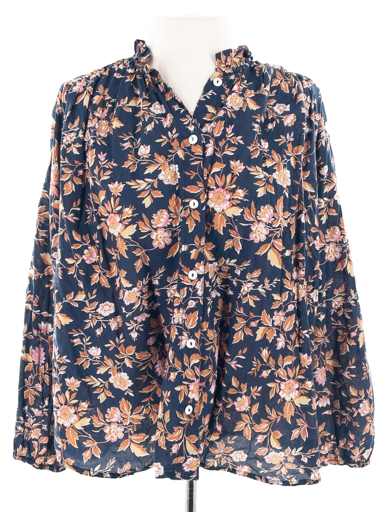 Mille Navy Tan Floral Cotton Puff Sleeve Size S Blouse