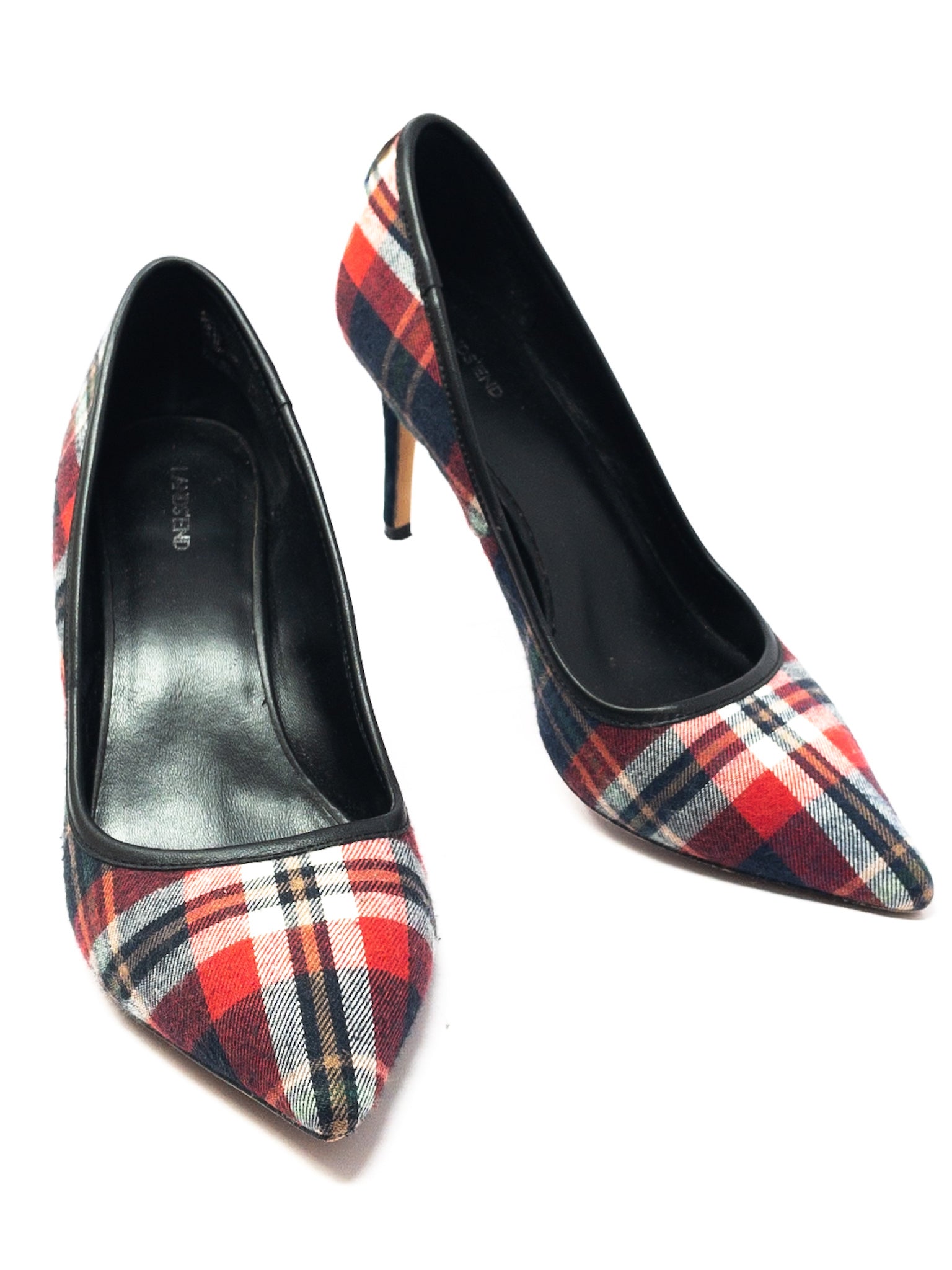 Lands End Navy Red Plaid Fabric 8.5 Pumps