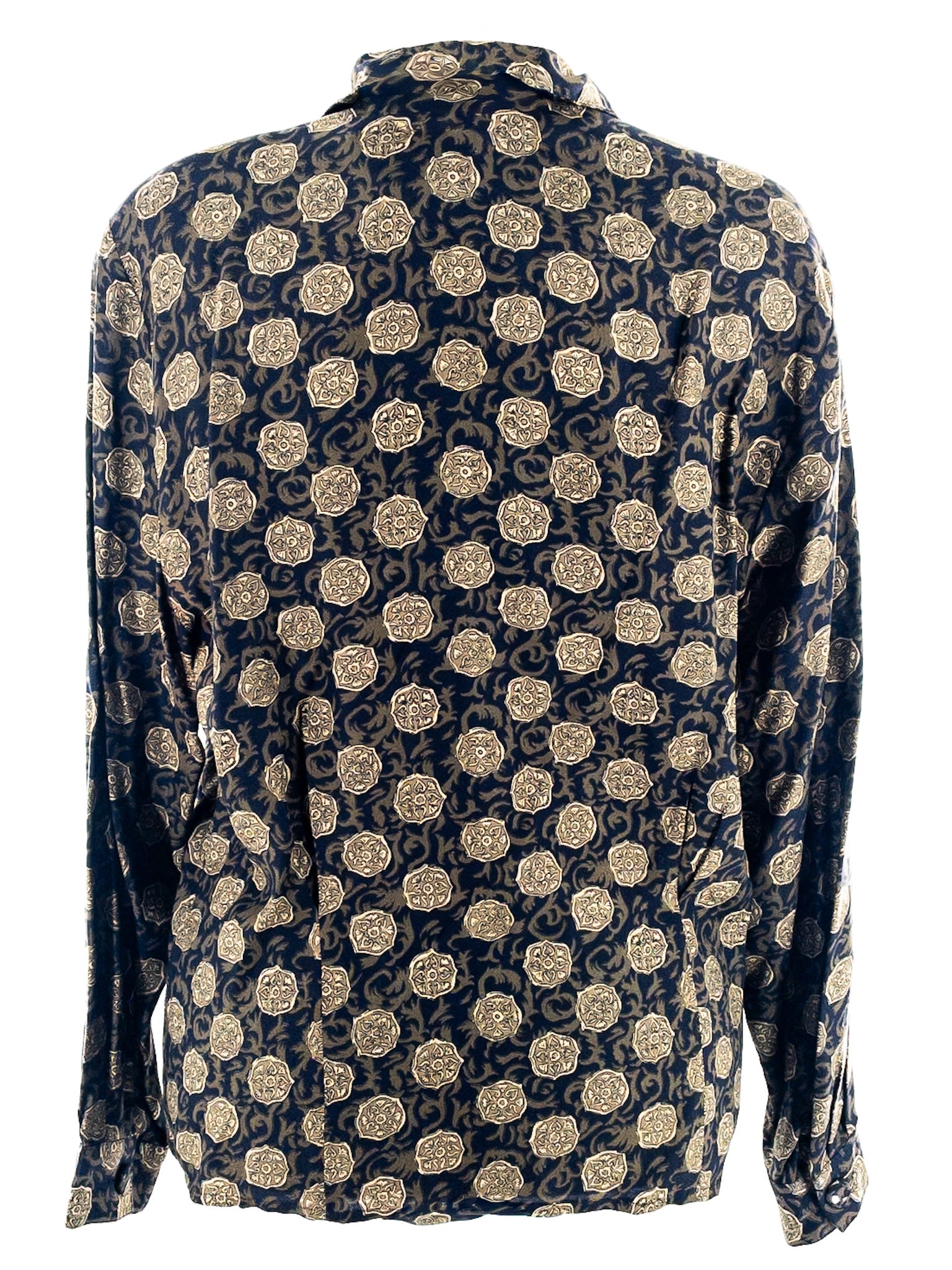 Evan Picone Navy Green Print Rayon Long Sleeve Size 16 Blouse