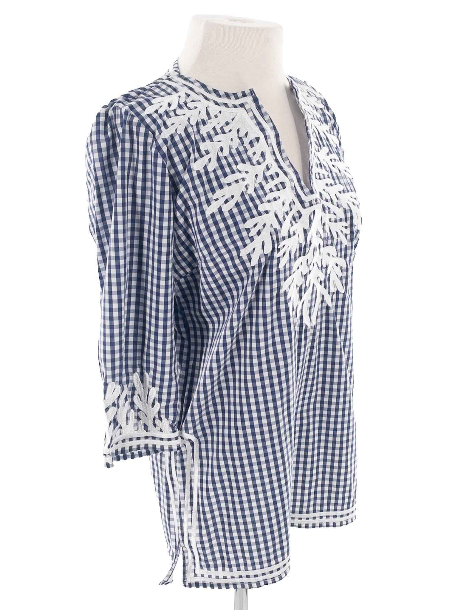 Gretchen Scott Navy White Soutache Cotton Blend 3/4 Sleeve Size XS Blouse
