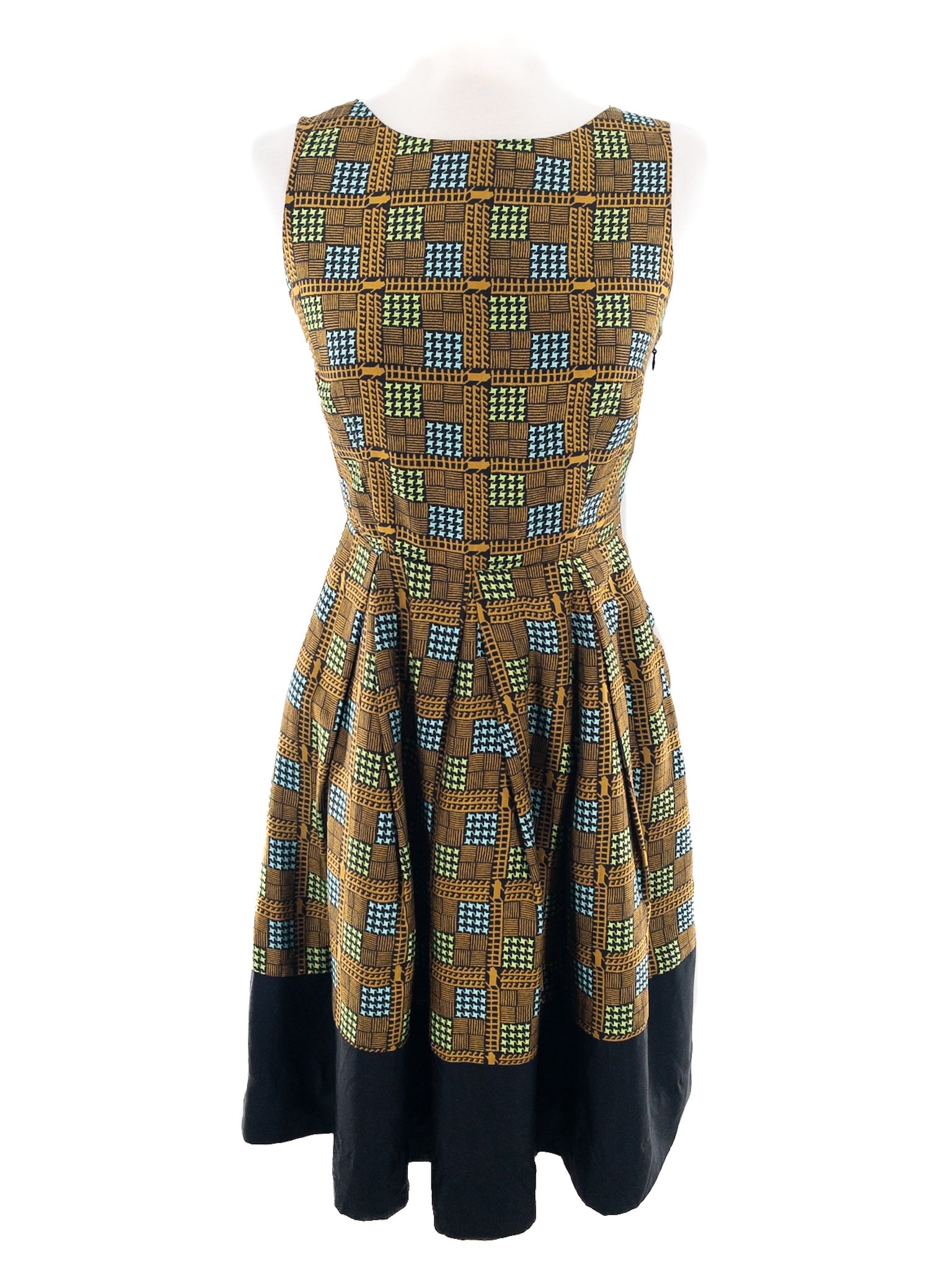 The Girls From Savoy Ochre Black Print Silk Sleeveless Size 2P Dress