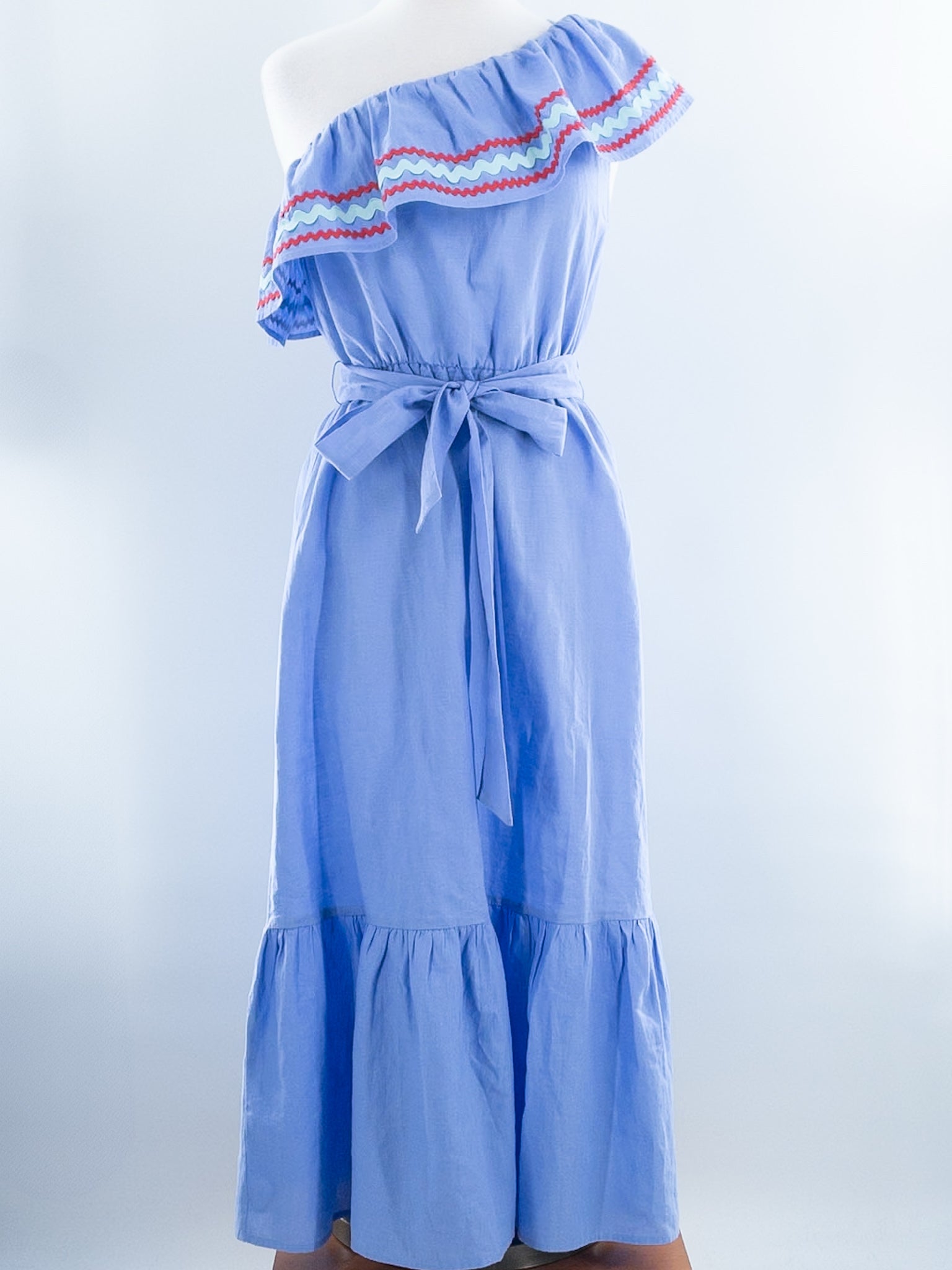 J Crew Blue Belted Cotton One Shoulder Size S Dress