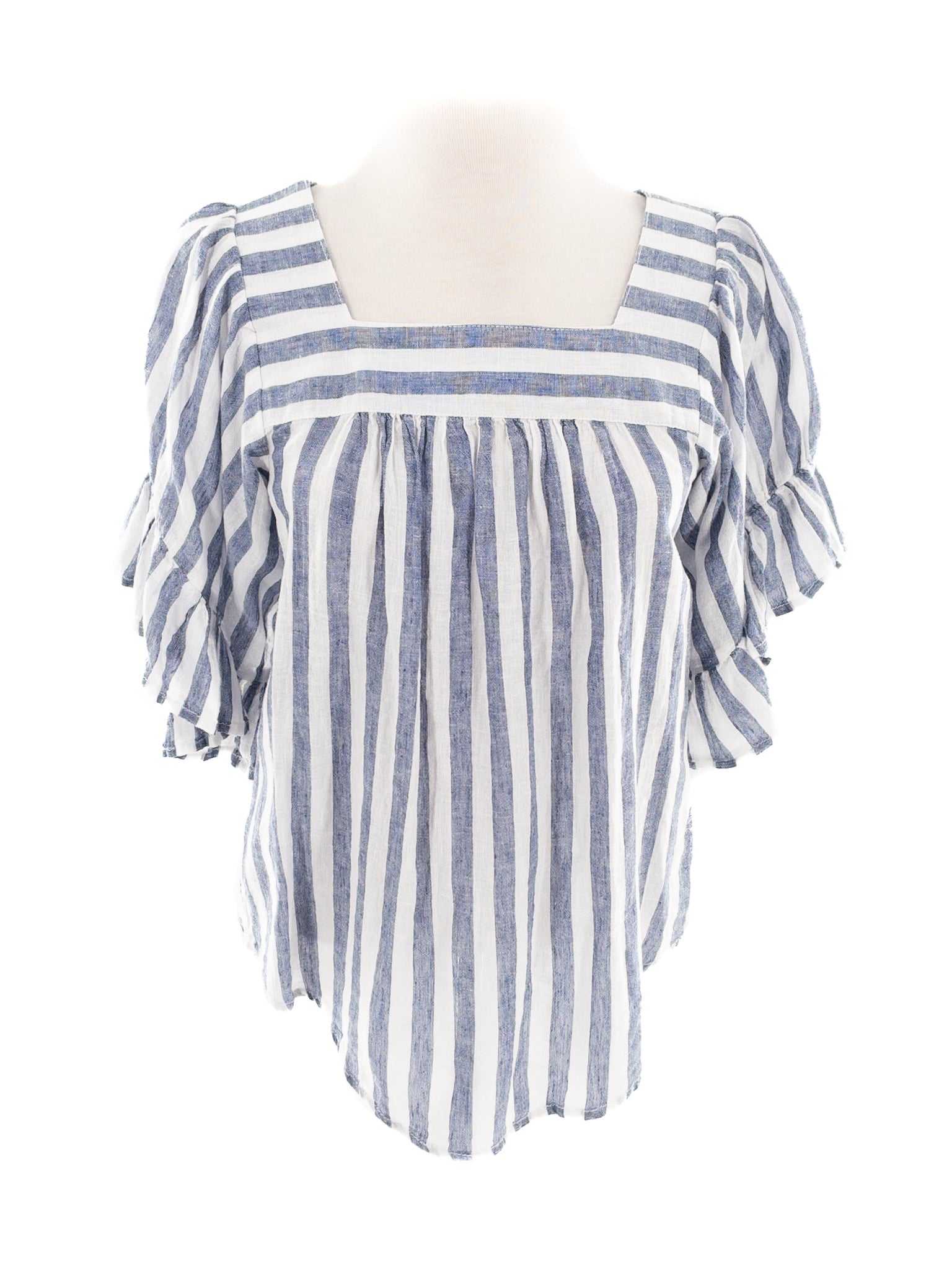 Beach Lunch Lounge Blue White Stripe Linen Blend Bell Sleeve Size XS Blouse