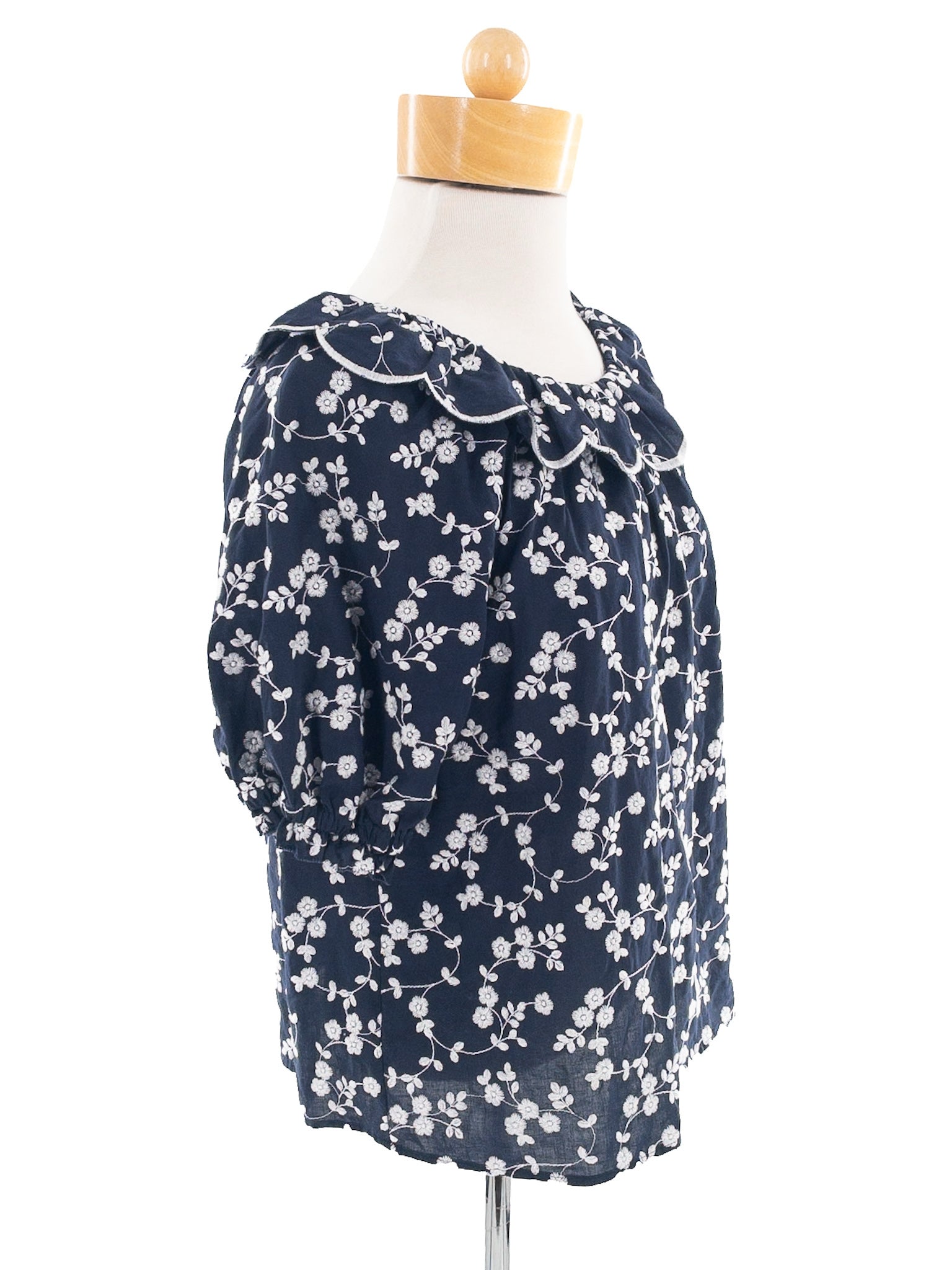 Ann Taylor Navy White Floral Cotton Puff Sleeve Size XS Blouse