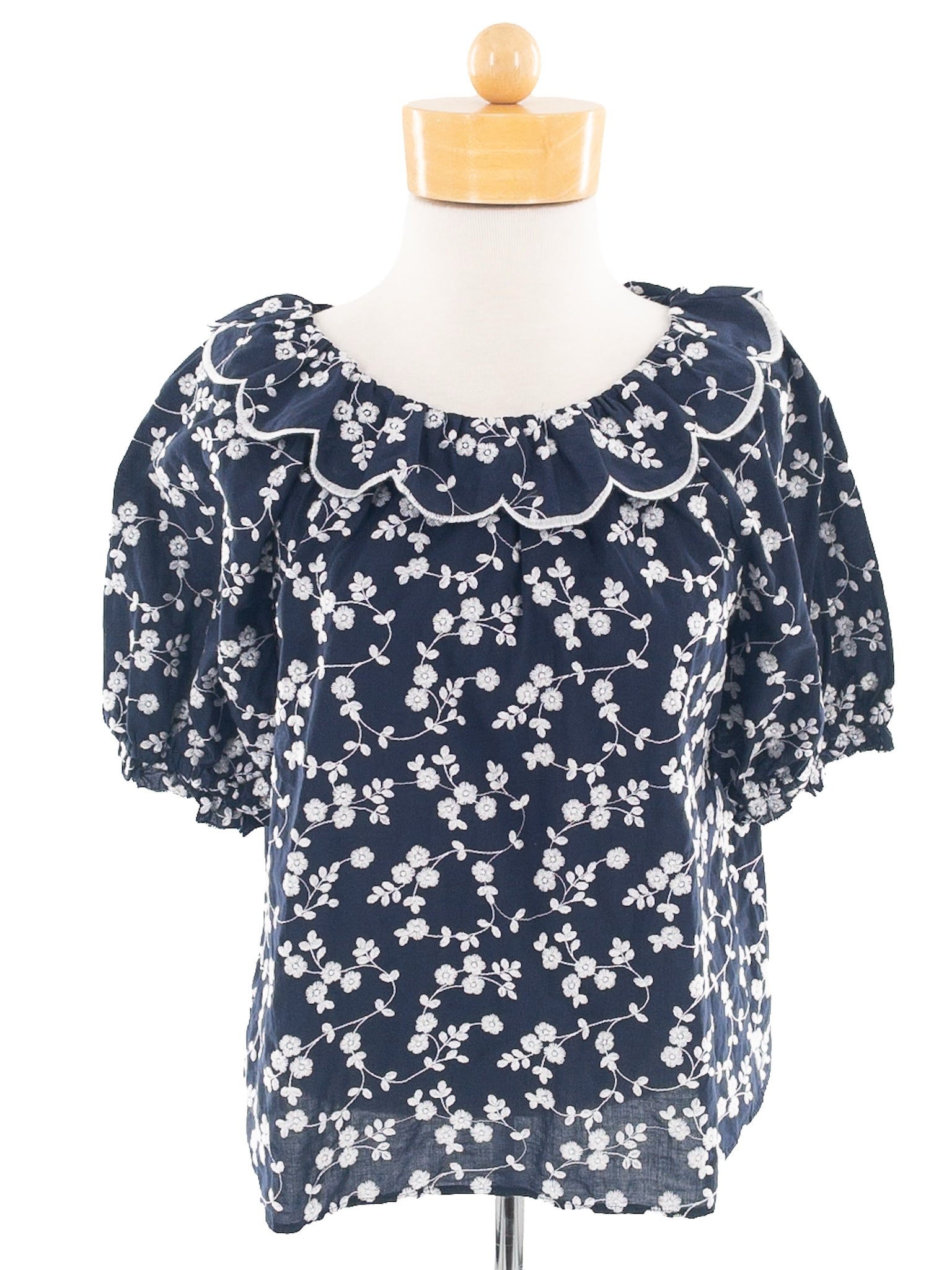 Ann Taylor Navy White Floral Cotton Puff Sleeve Size XS Blouse