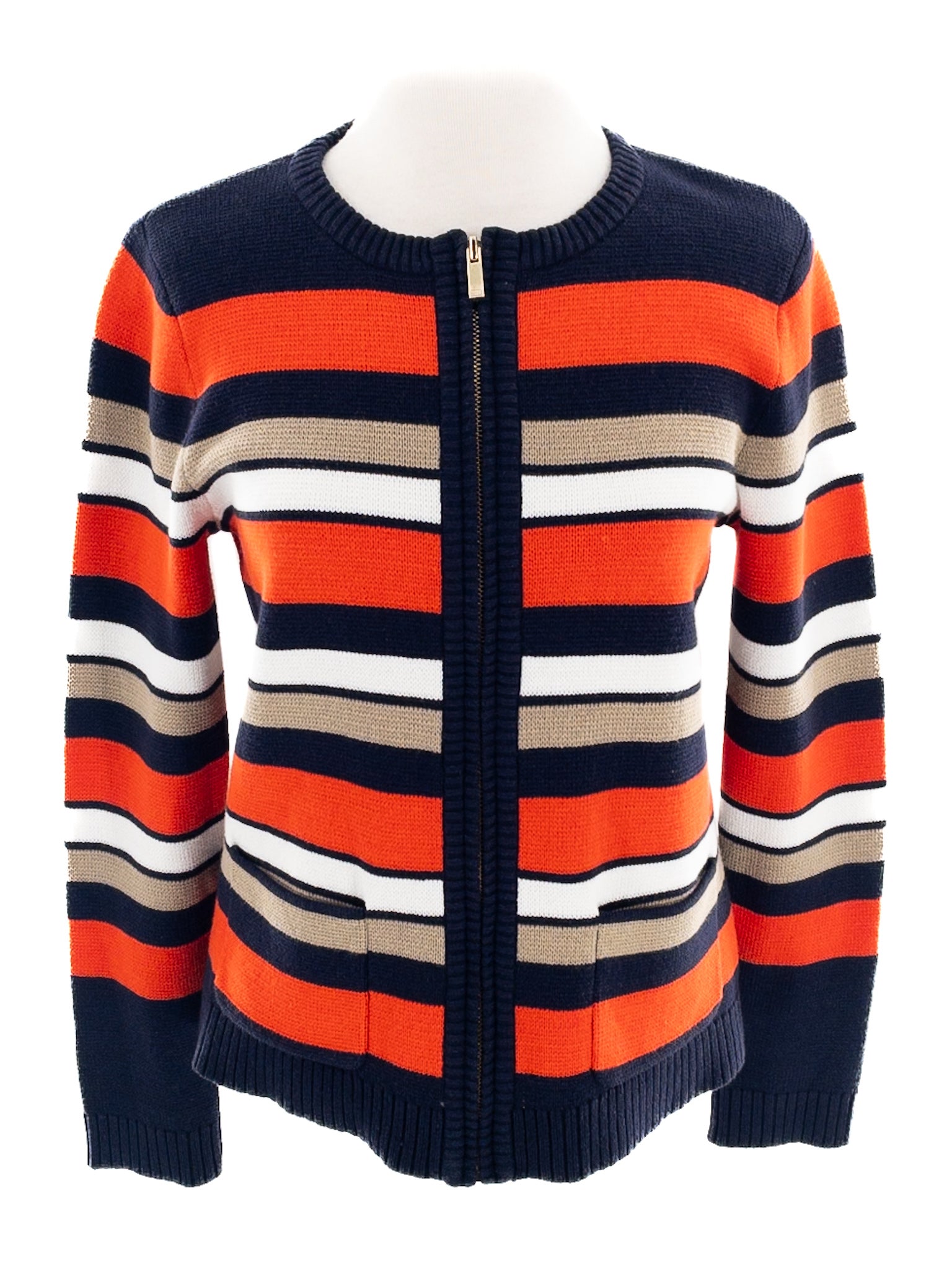 Jones New York Navy Orange Stripe Cotton Blend Size S Cardigan