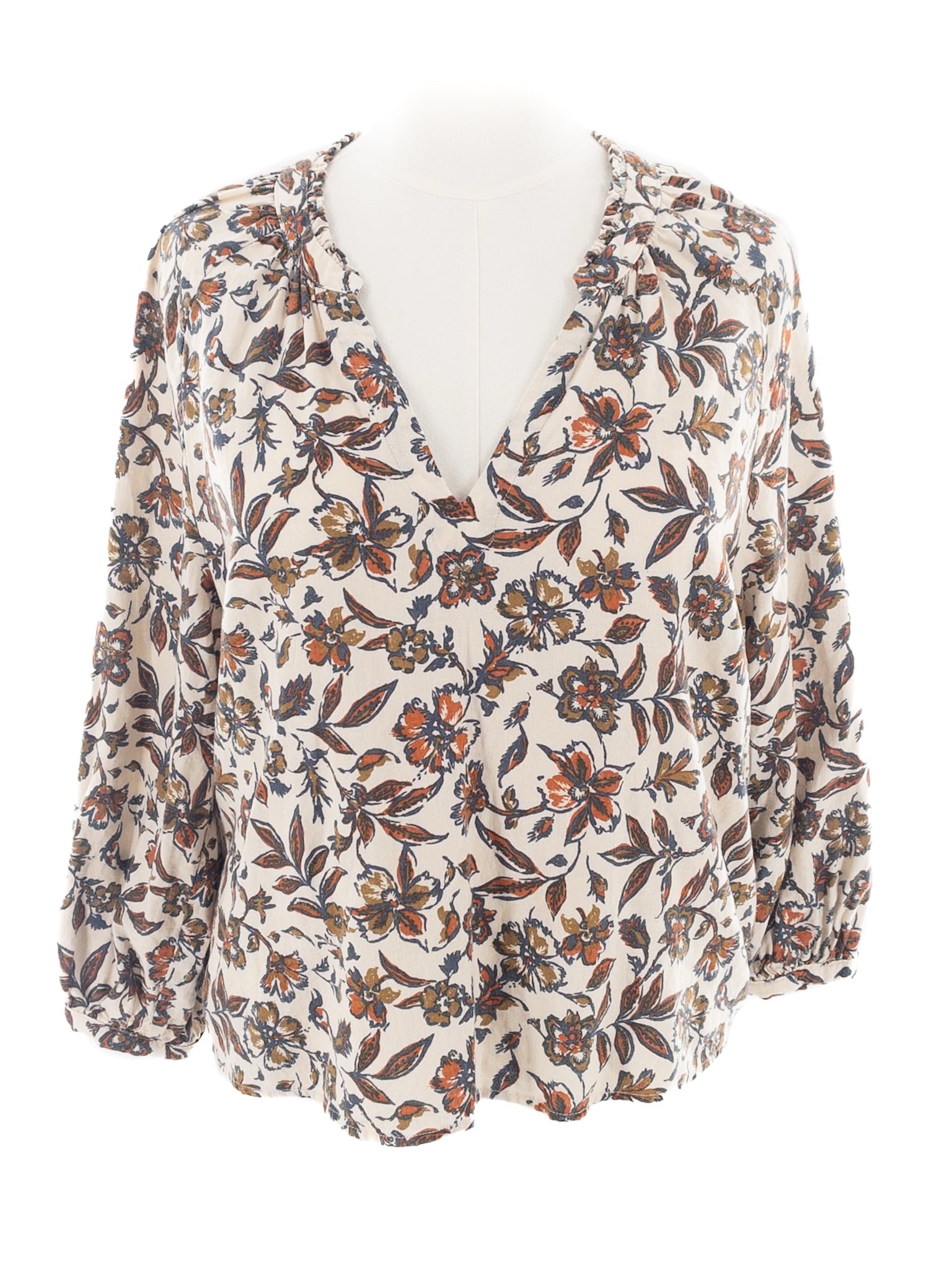 Faherty Cream Multi Floral Linen V Neck Size M Blouse