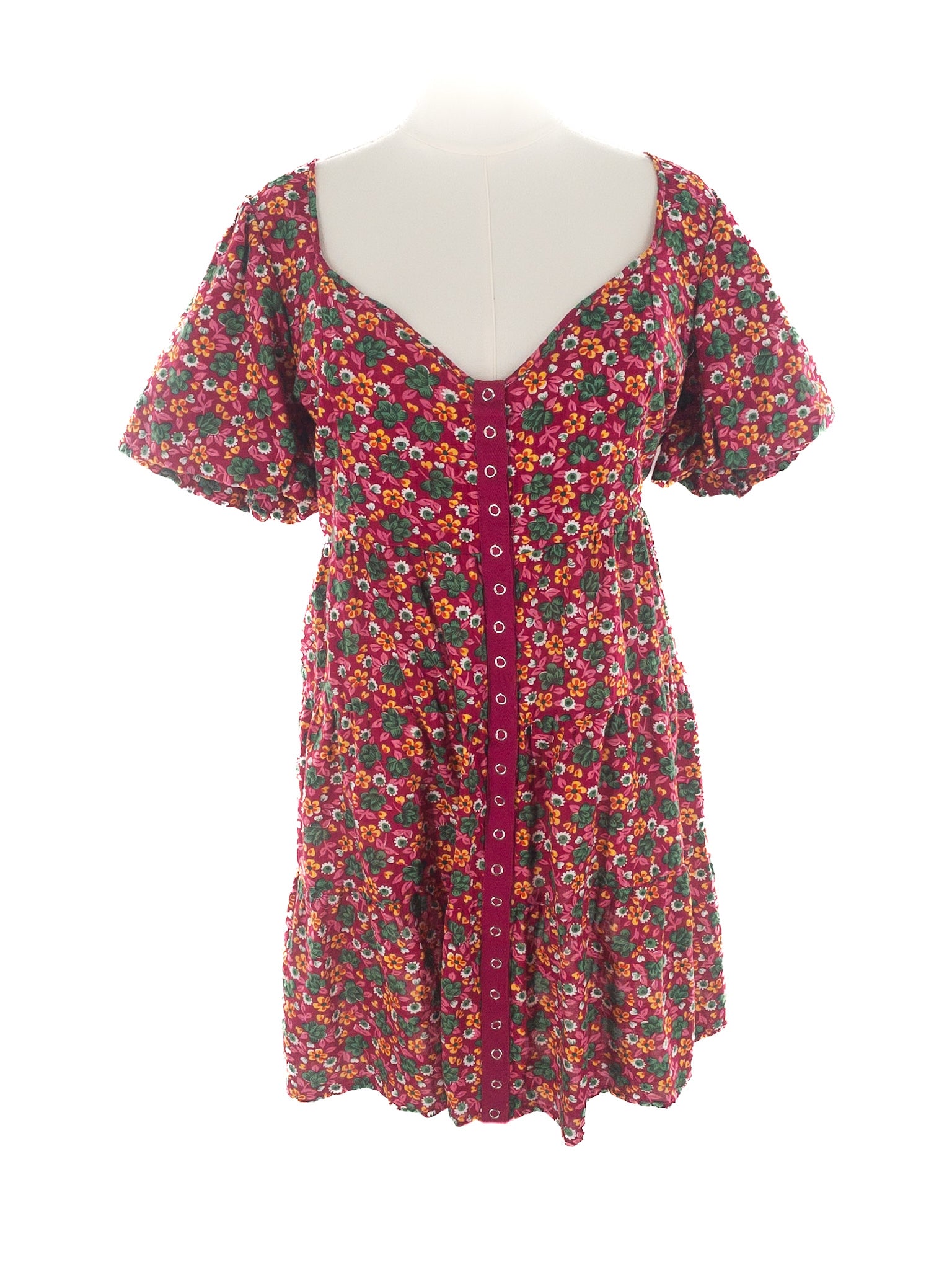 Betsey Johnson Fuschia Green Floral Cotton Blend Puff Sleeve Size XL Dress
