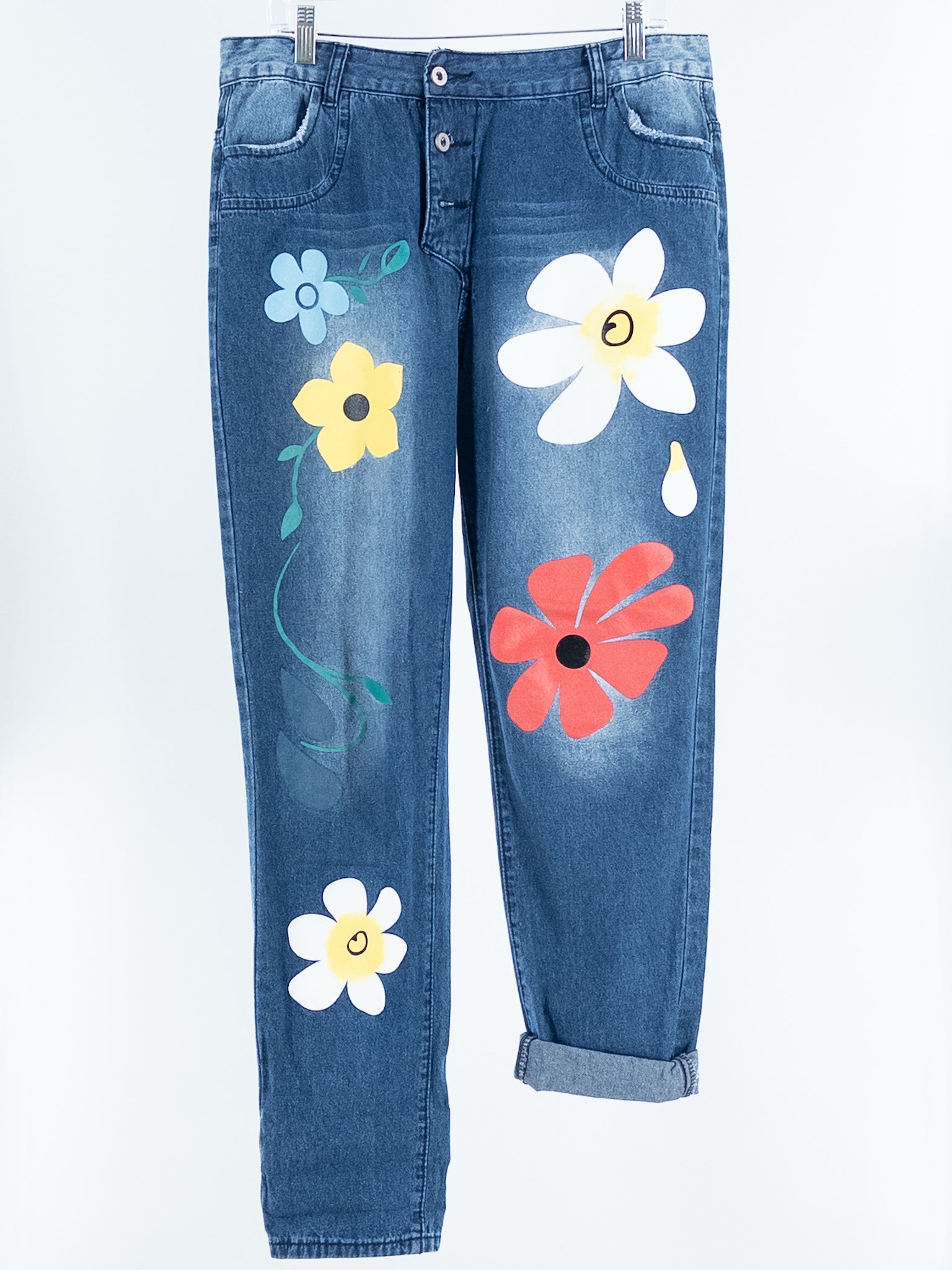 Nianoingsecai Navy Multi Floral Cotton Blend Cropped Size L Jeans