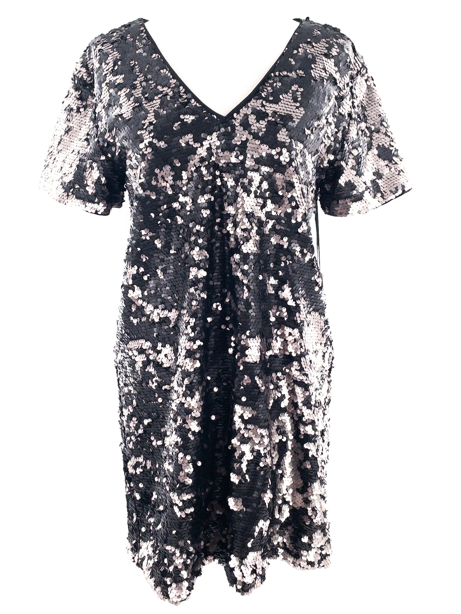 1 State Black Metallic Sequin Polyester Blend Short Sleeve Size S Dress