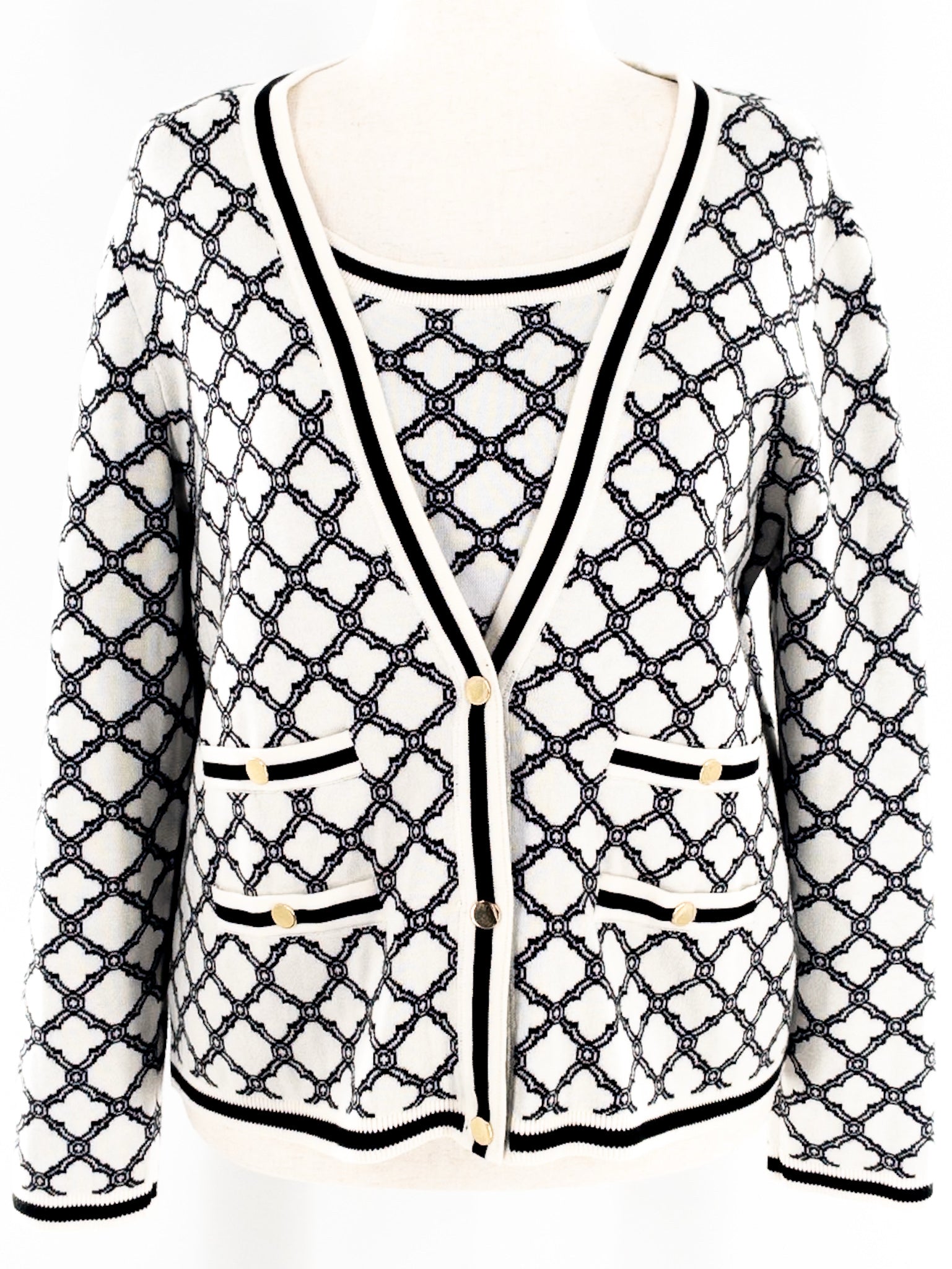Talbots Cream Black Print Cotton Blend Size L Cardigan