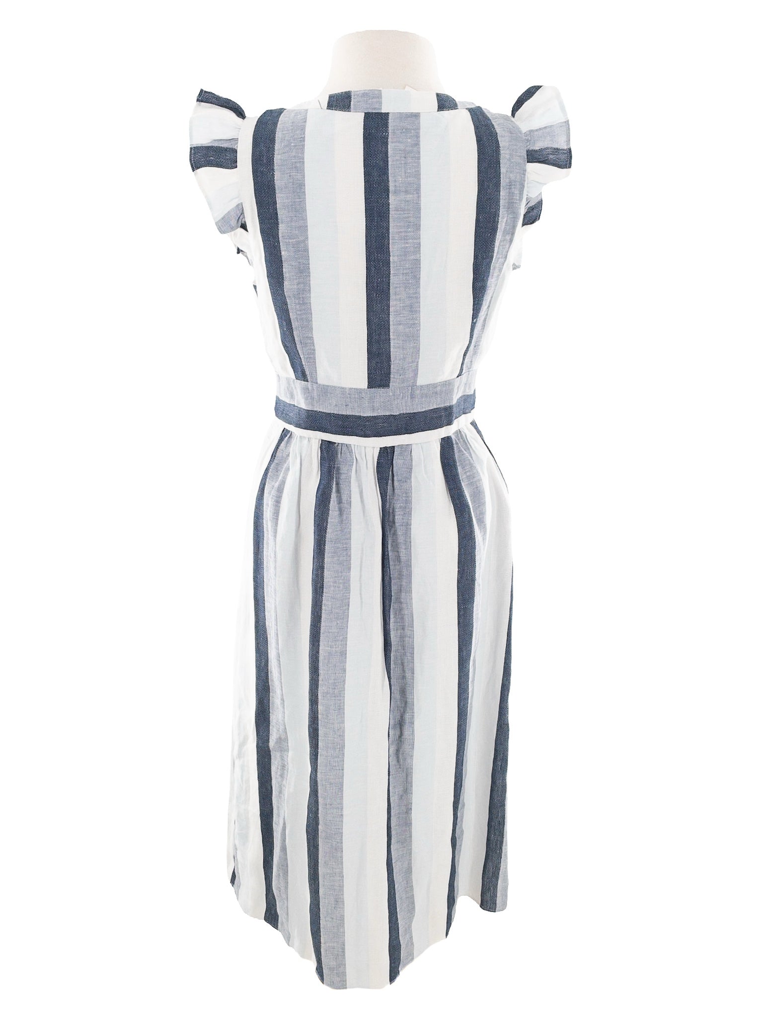 Point Sur White Blue Stripe Linen Flutter Sleeve Size S Dress