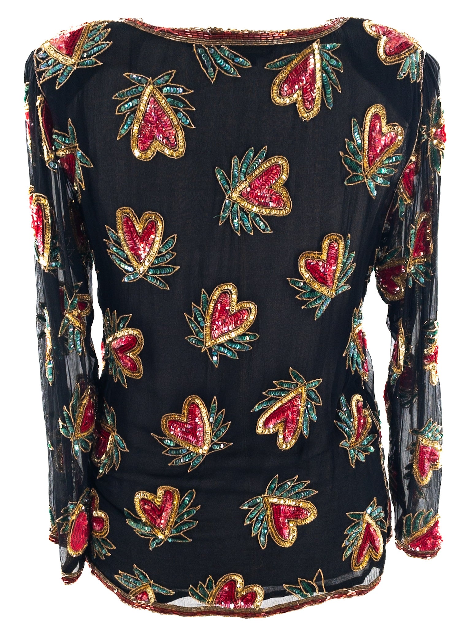 Megere Black Red Sequin Silk Long Sleeve Size M Blouse