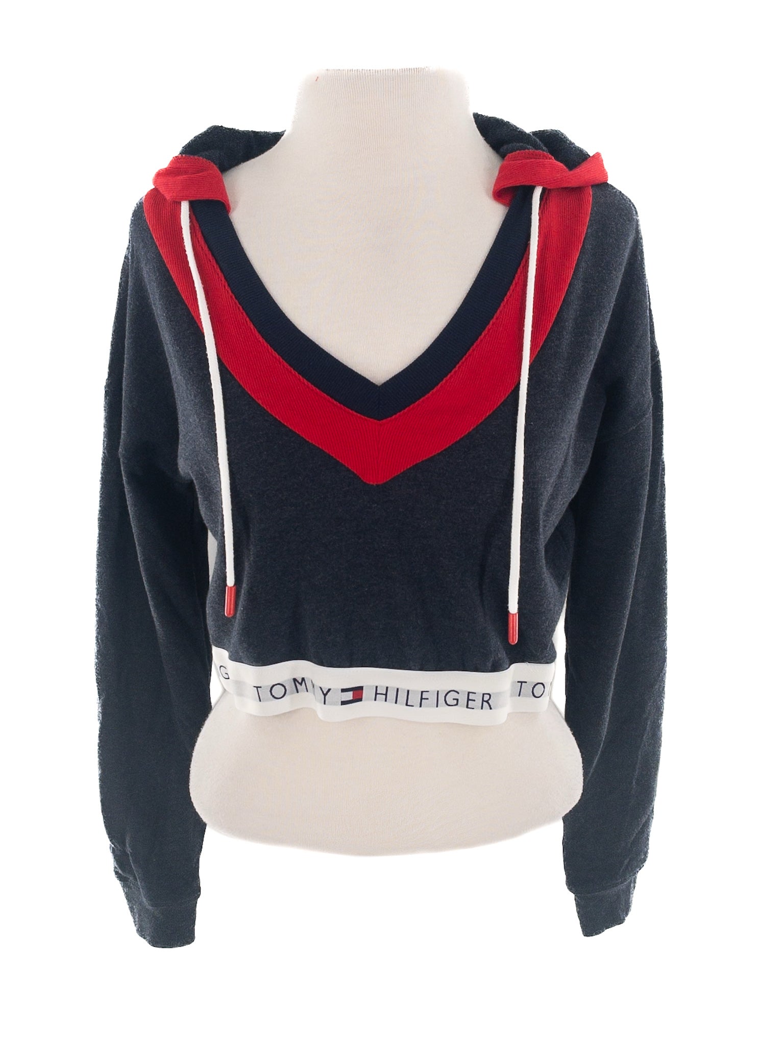Tommy Hilfiger Navy Red Hooded Cotton Blend Long Sleeve Size S T Shirt