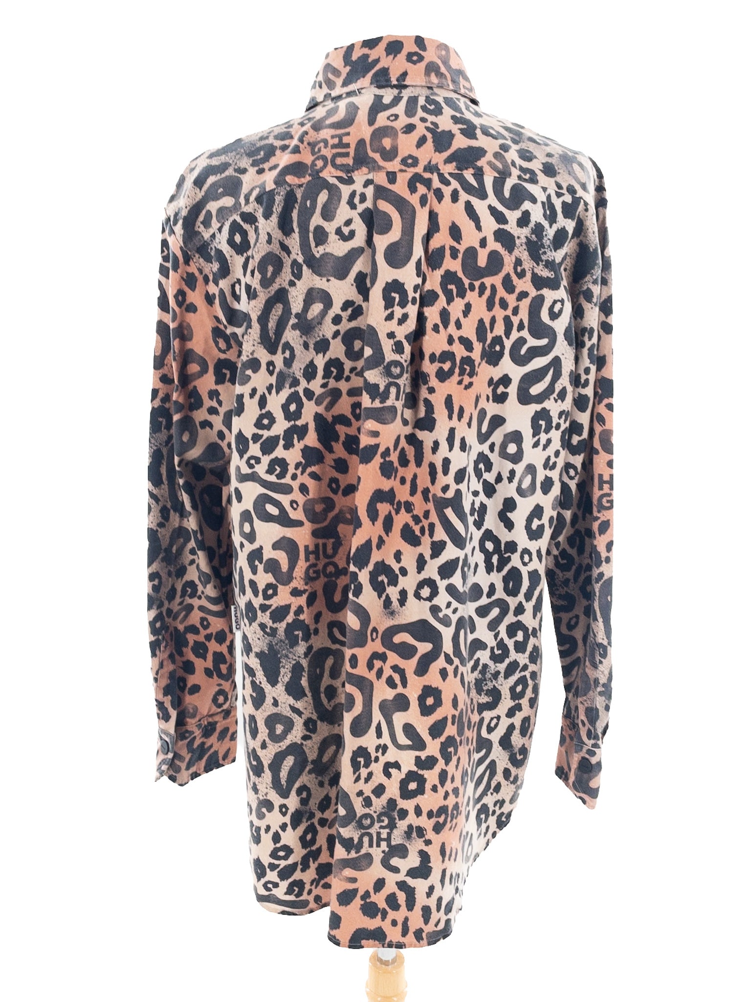 Hugo Black Tan Cheetah Print Cotton Blend Long Sleeve Size 4 Blouse