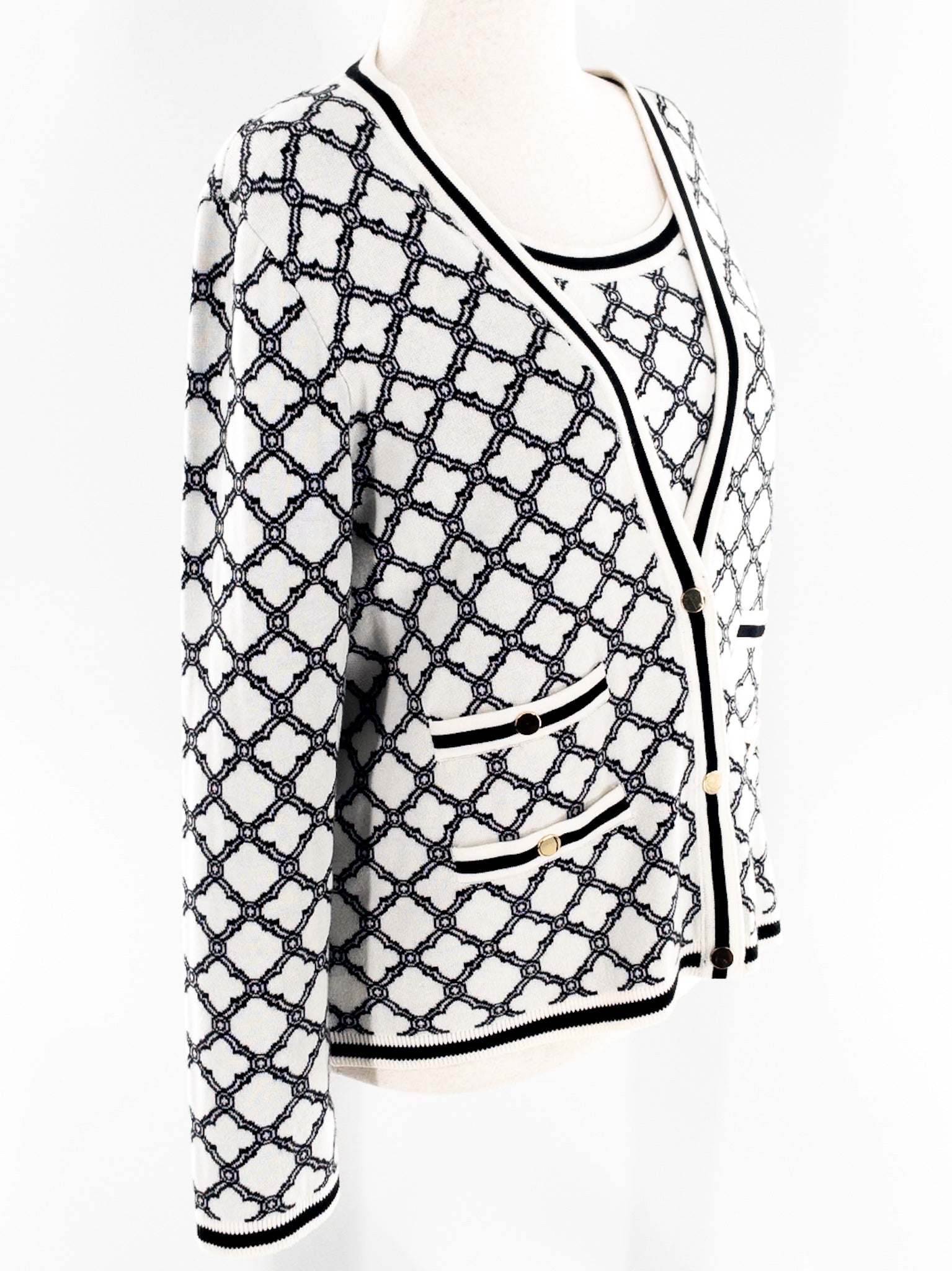 Talbots Cream Black Print Cotton Blend Size L Cardigan