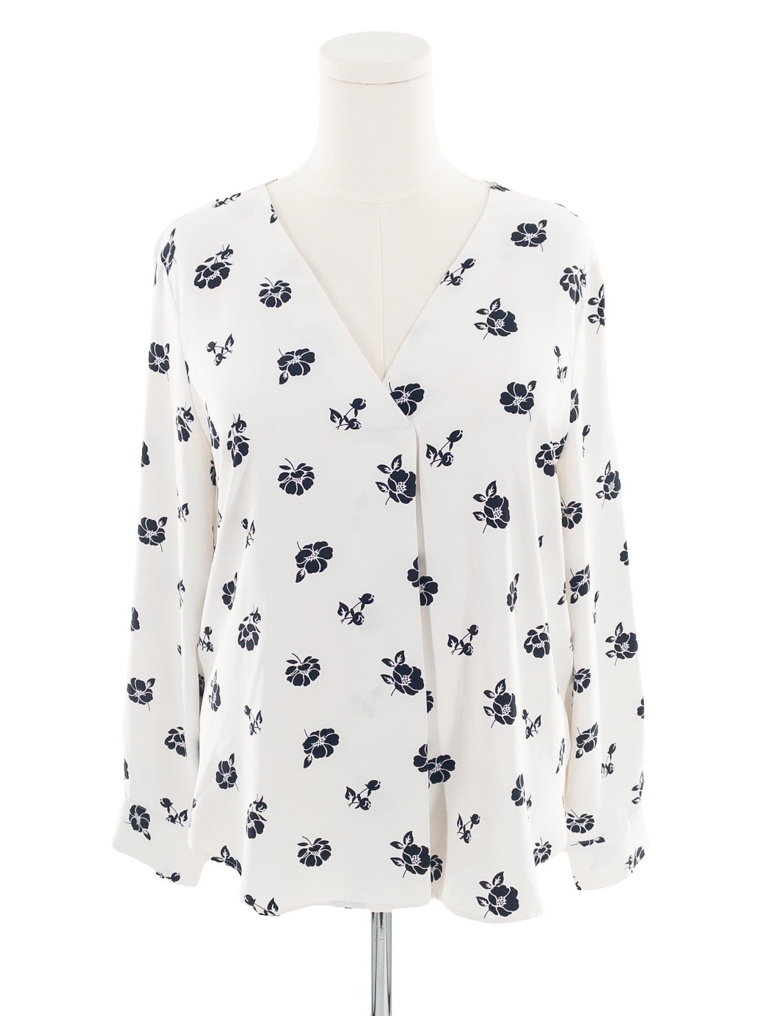 Ann Taylor White Navy Floral Polyester Long Sleeve Size LP Blouse