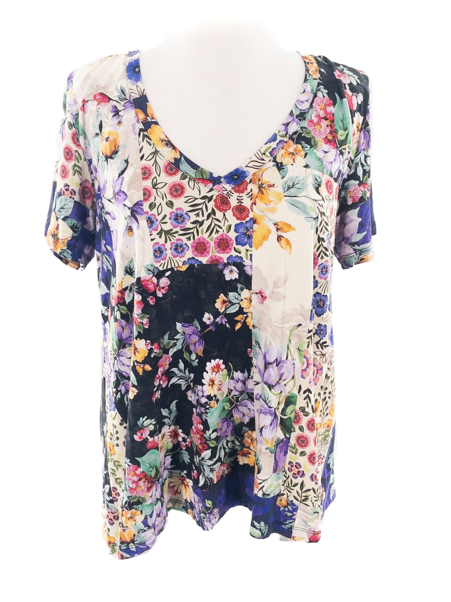 Johnny Was Blue Multi Floral Viscose Blend Short Sleeve Size M T Shirt