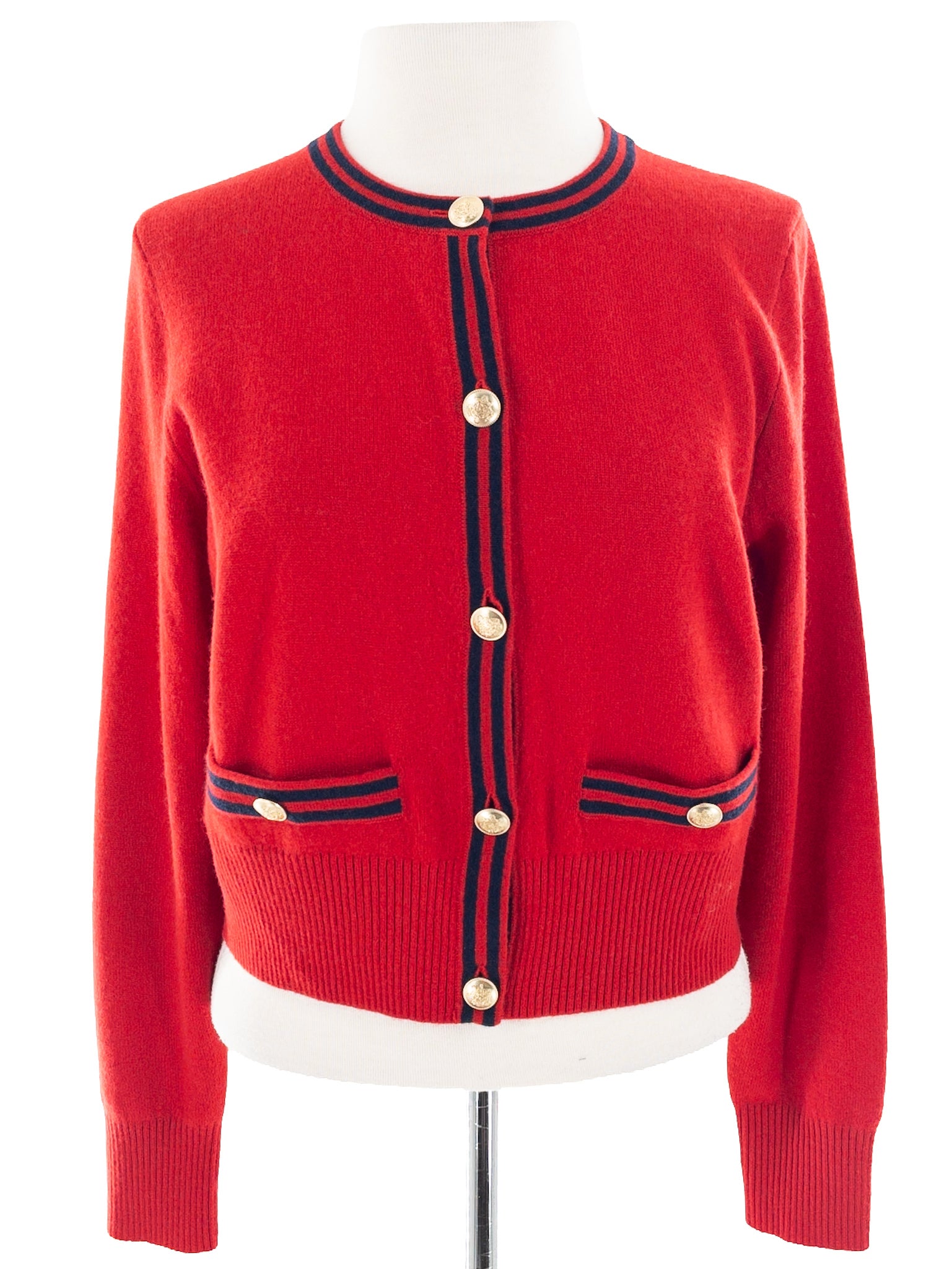 J Crew Red Navy Piping Cashmere Size M Cardigan