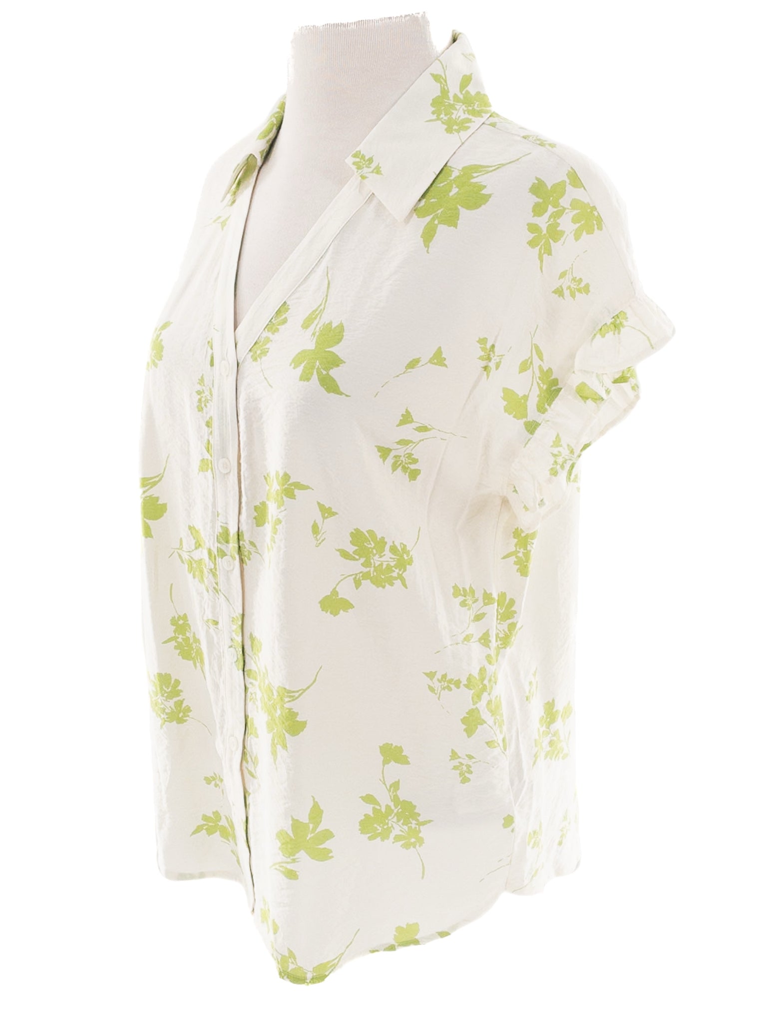 Pleione White Green Leaves Rayon Blend Short Sleeve Size S Blouse