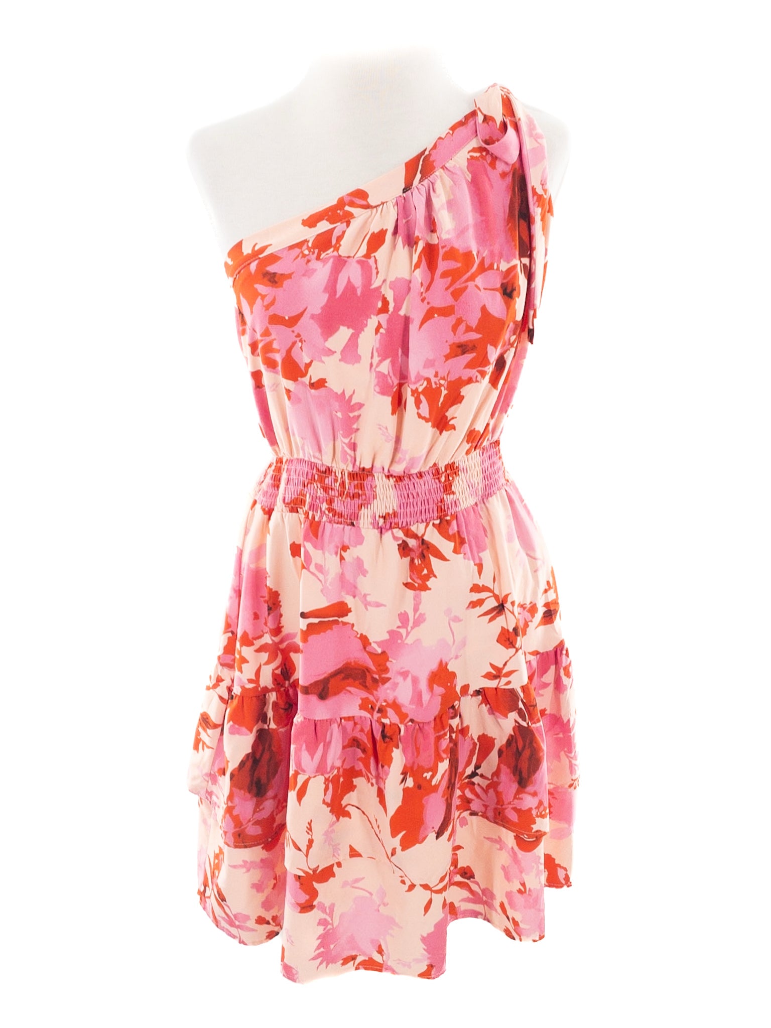 Pretty Garden Peach Pink Floral Polyester One Shoulder Size M Dress